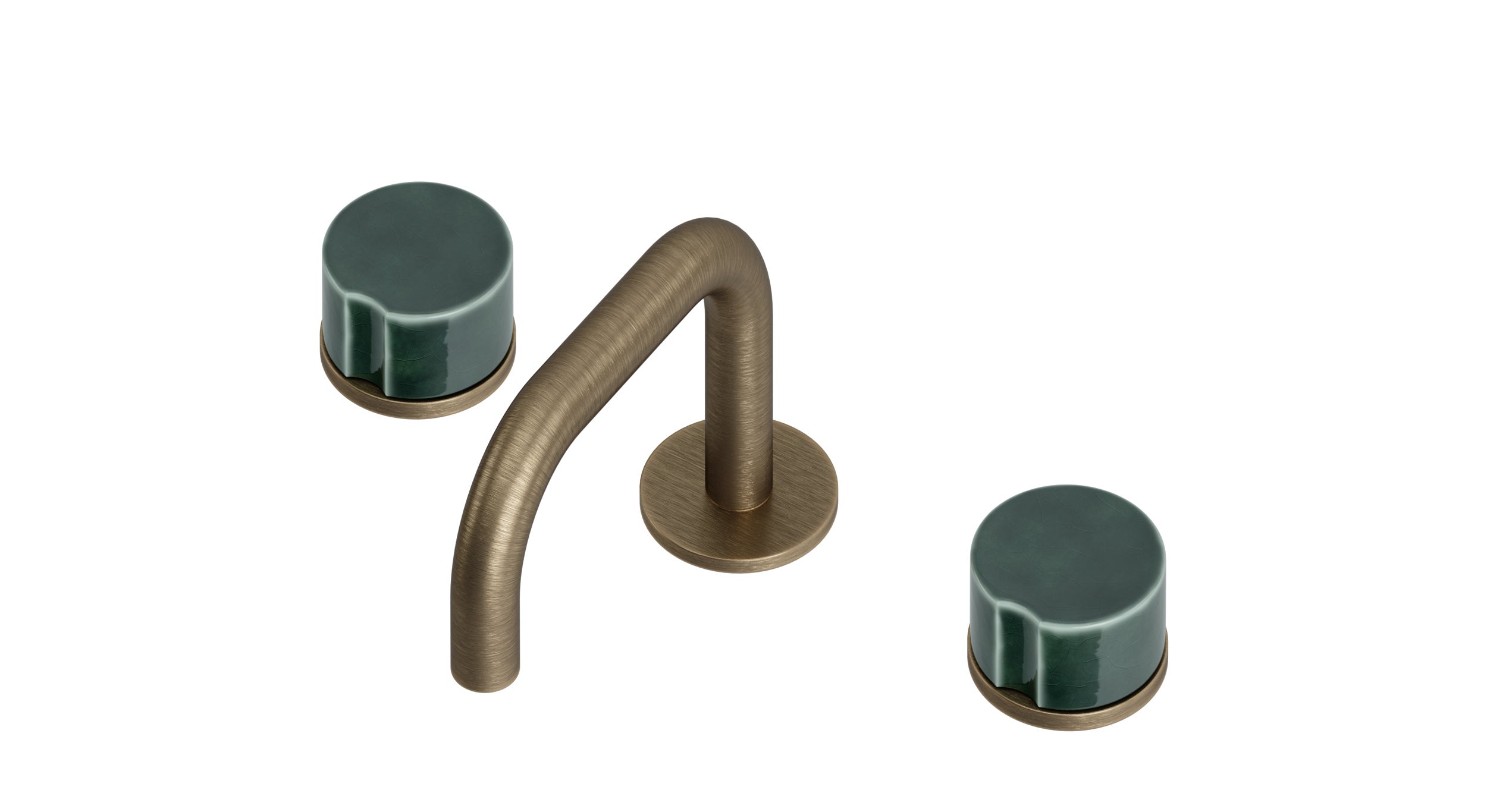Foundry Two Handle Deck Mount Squaretop Lavatory Faucet with Groove Ceramic Knob Handles in Antique Brass