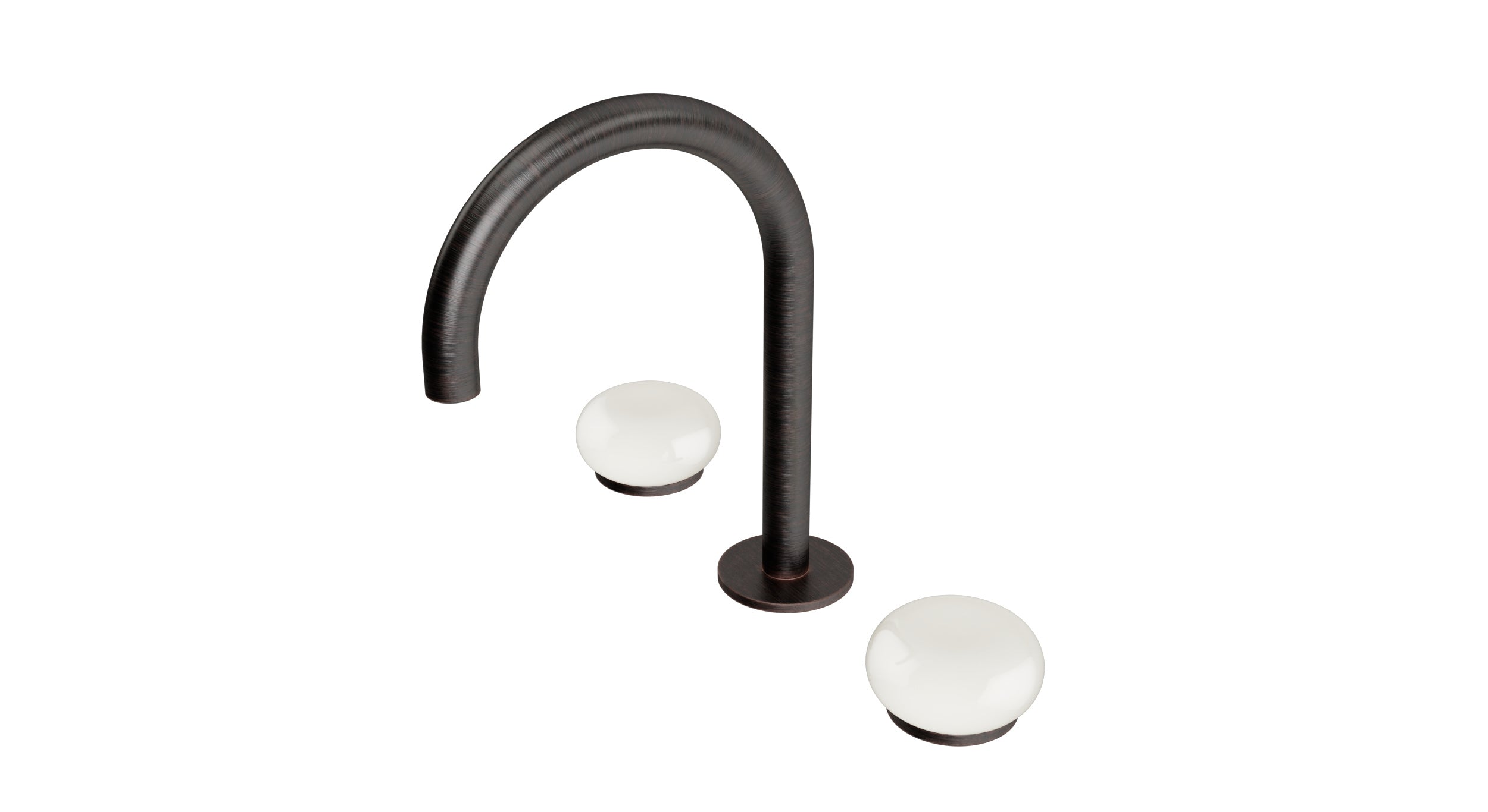 Foundry Two Handle Deck Mount Gooseneck Lavatory Faucet with Pebble Ceramic Knob Handles in Antique Bronze