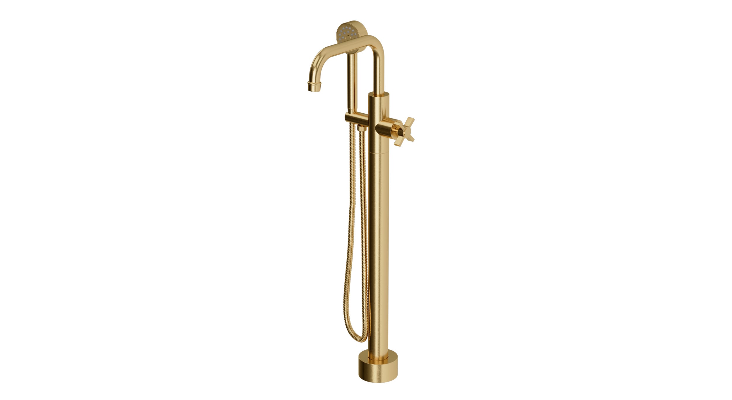 Emerson One Handle Floor Mount Squaretop Bath Trim with Hand Shower and Defined Cross Handle in Satin Brass