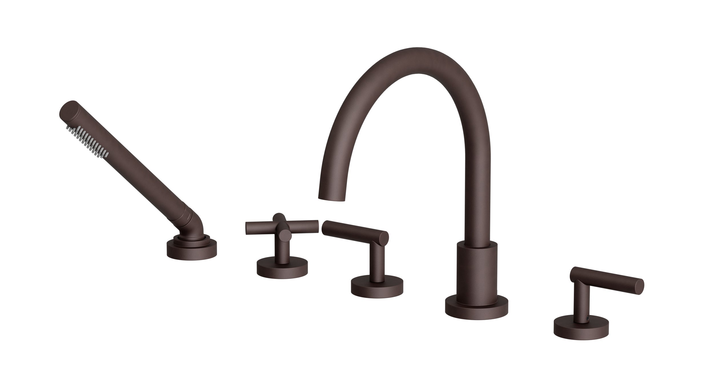 Contour Three Handle Deck Mount Gooseneck Bath Trim with Hand Shower and Soft Cross/Soft Lever Handles in Architectural Copper