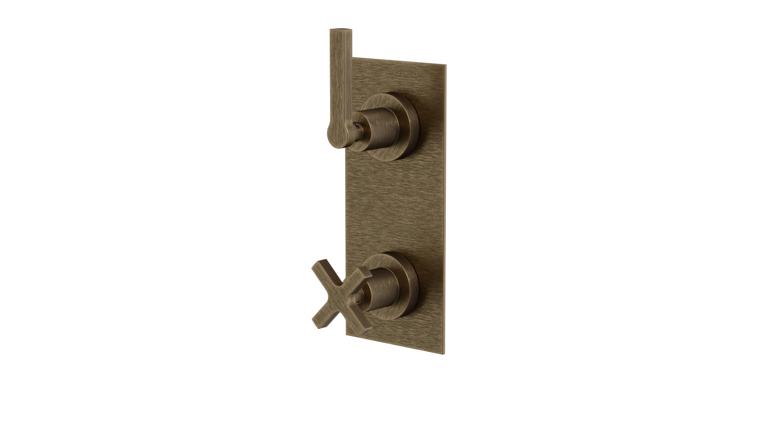 Flatiron Two Handle Wall Mount Shower Trim with Linear Cross/Linear Lever Handles in Antique Brass