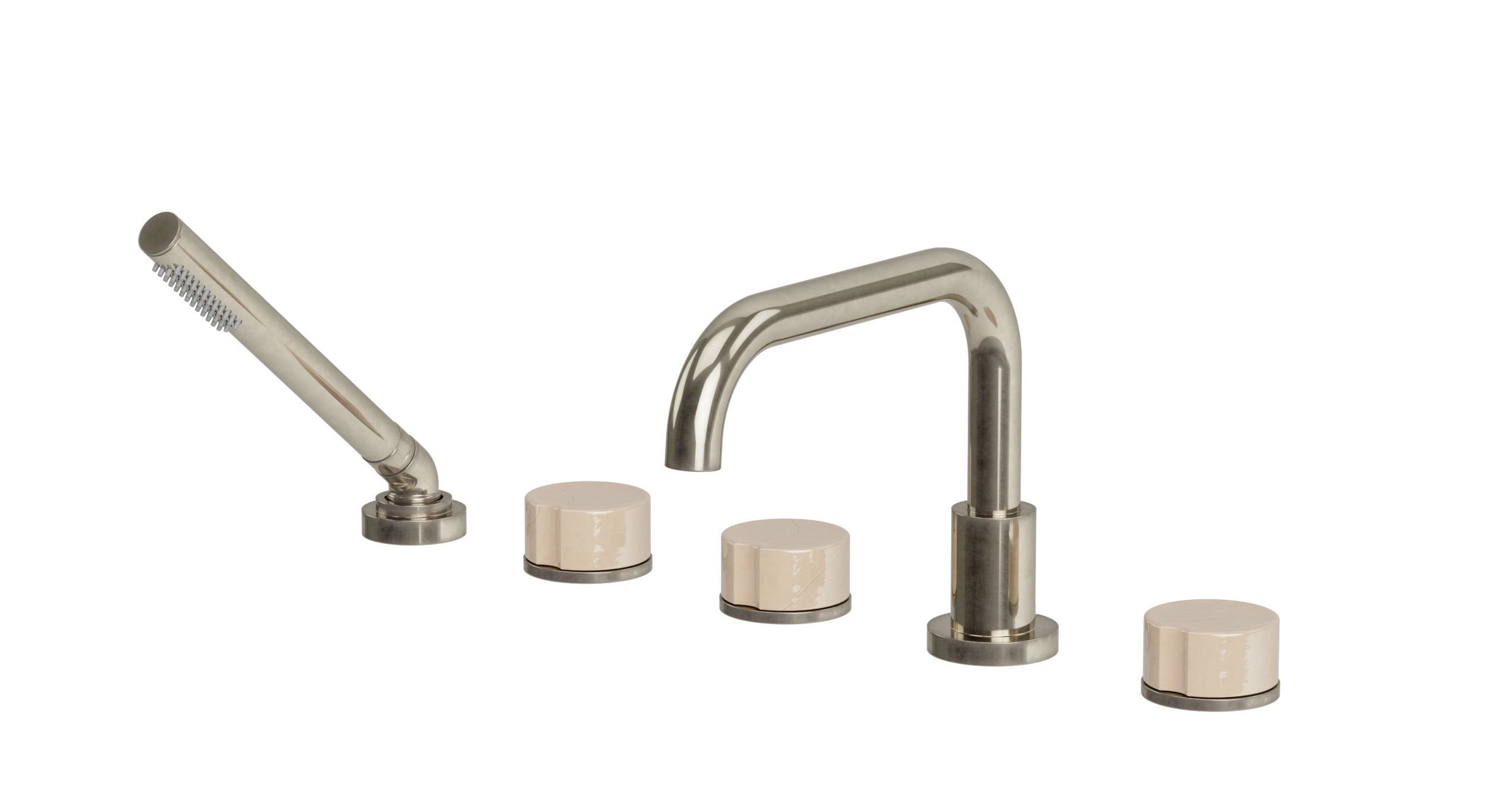 Foundry Three Handle Deck Mount Squaretop Bath Trim with Hand Shower and Groove Ceramic Knob Handles in French Nickel