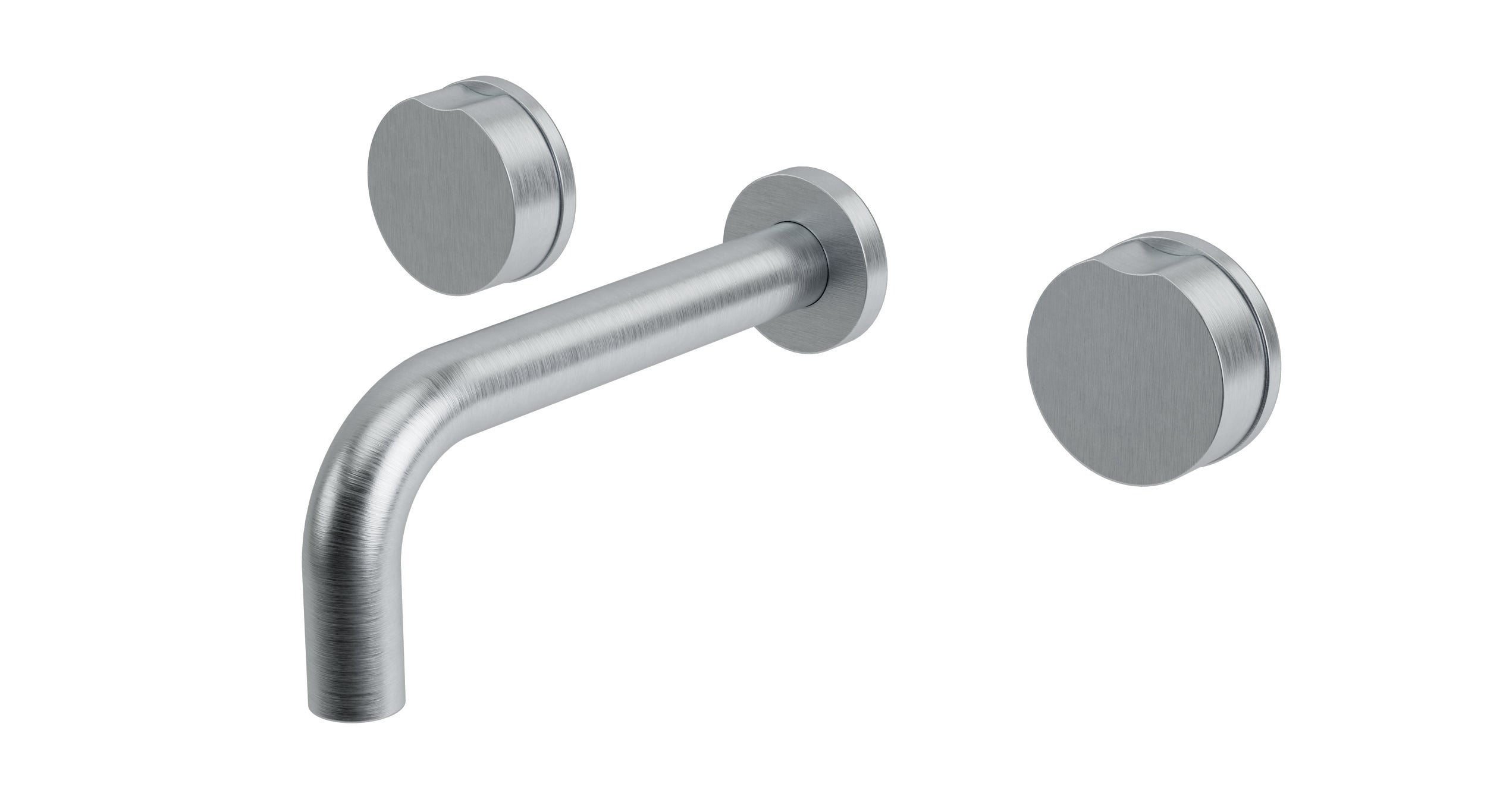 Foundry Two Handle Wall Mount 7.5" Lavatory Faucet with Barrel Knob Handles in Satin Chrome