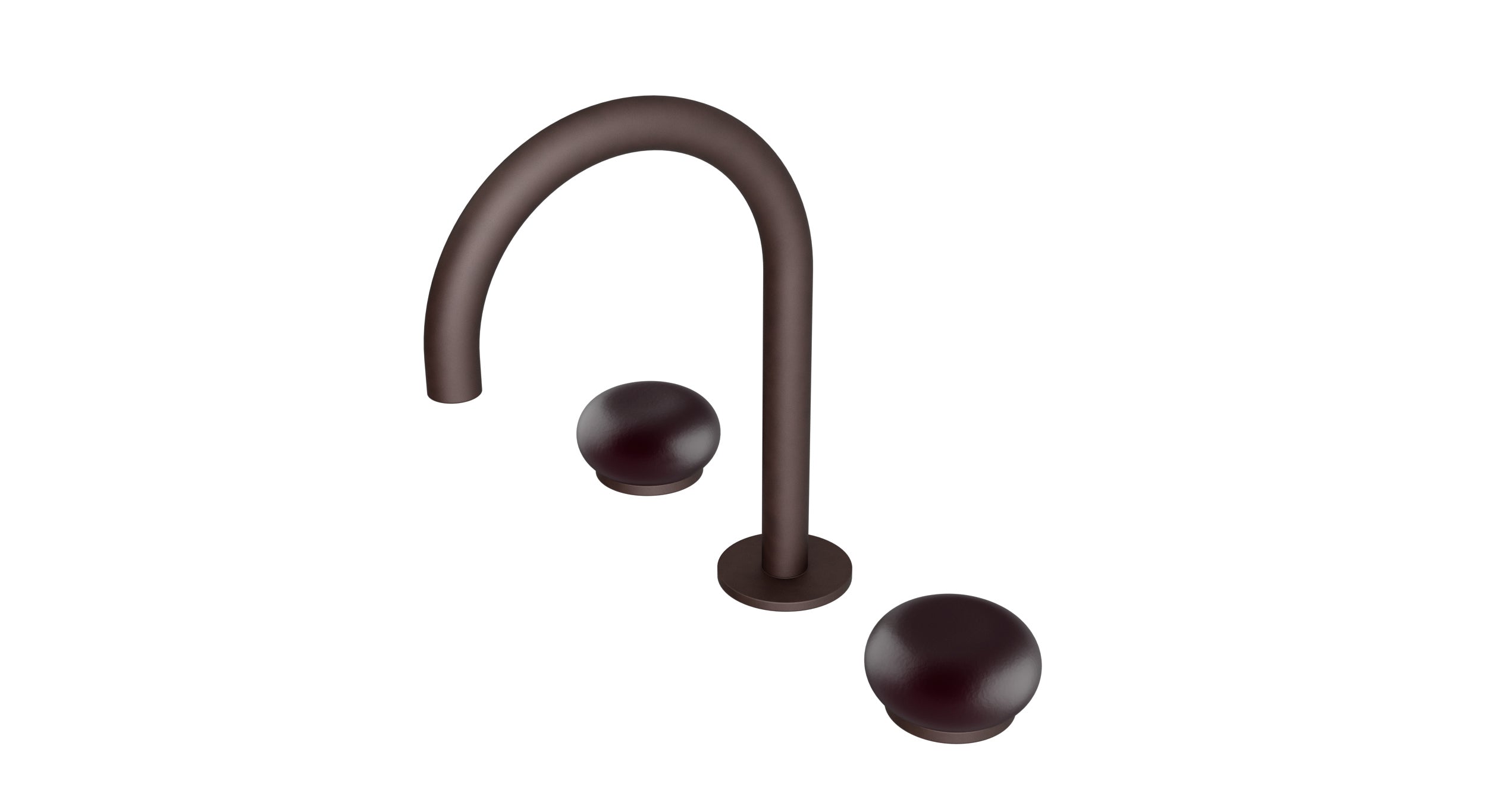 Foundry Two Handle Deck Mount Gooseneck Lavatory Faucet with Pebble Ceramic Knob Handles in Architectural Copper
