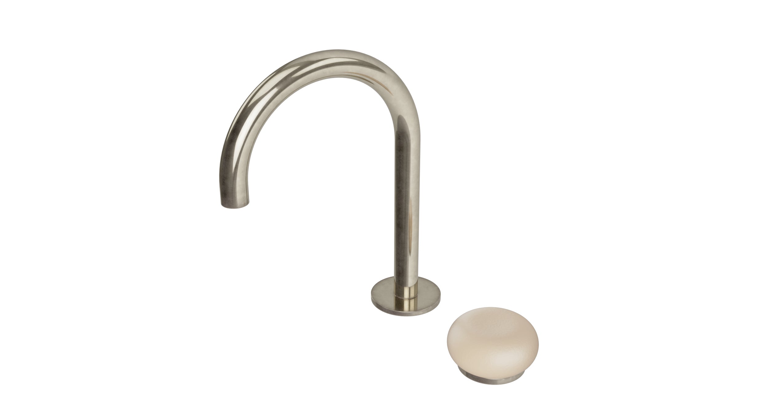 Foundry One Handle Deck Mount Gooseneck Lavatory Faucet with Pebble Ceramic Knob Handle in French Nickel