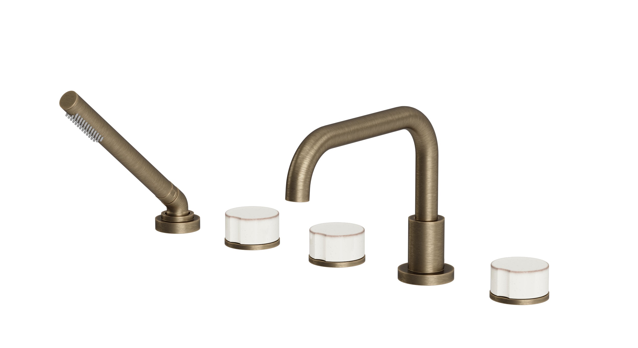 Foundry Three Handle Deck Mount Squaretop Bath Trim with Hand Shower and Groove Ceramic Knob Handles in Antique Brass