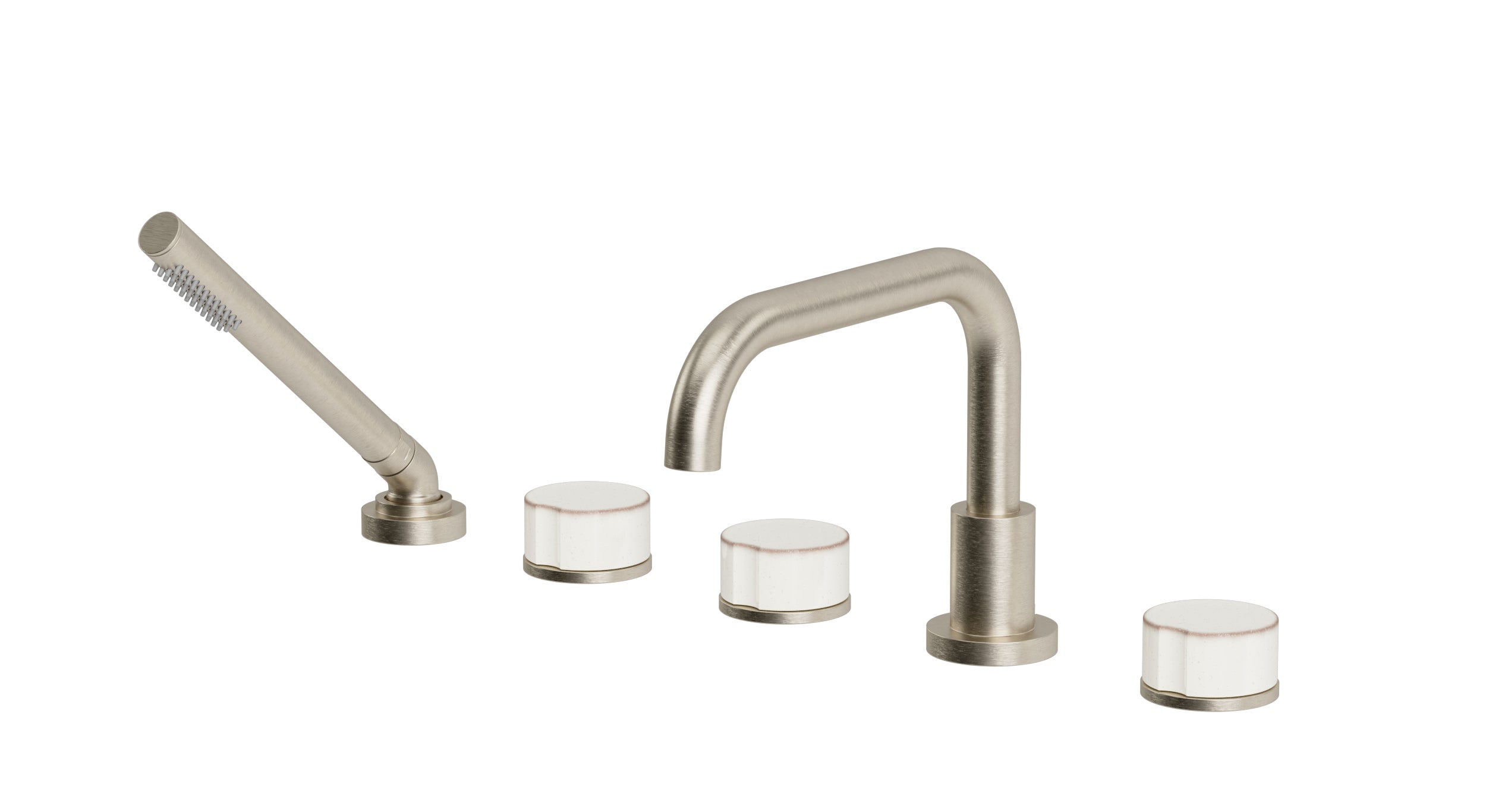 Foundry Three Handle Deck Mount Squaretop Bath Trim with Hand Shower and Groove Ceramic Knob Handles in Satin Nickel
