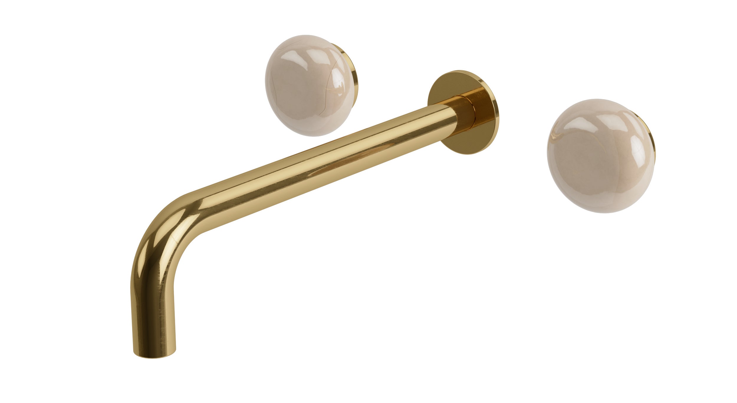 Foundry Two Handle Wall Mount 10" Lavatory Faucet with Pebble Ceramic Knob Handles in Uncoated Polished Brass