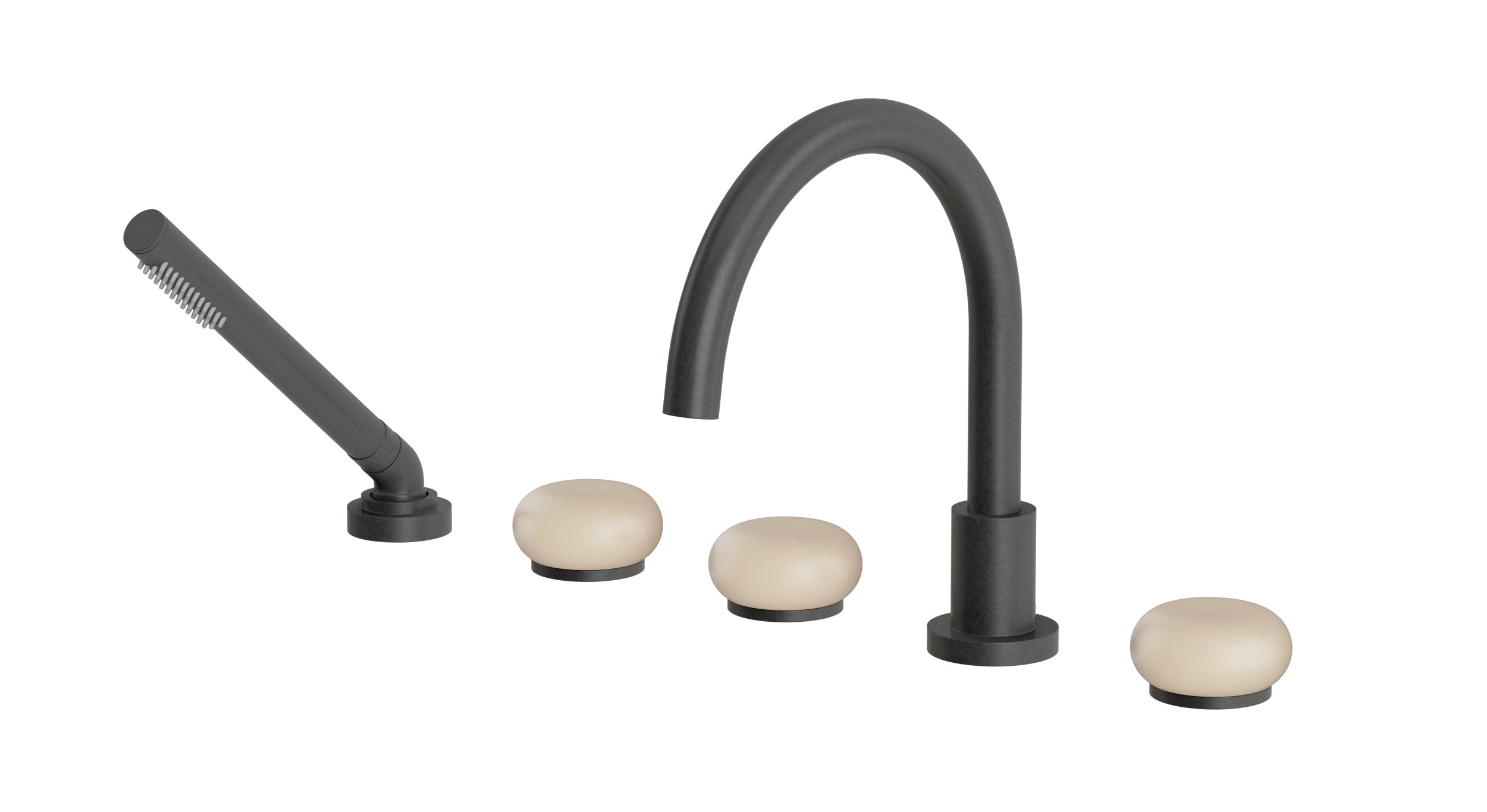Foundry Three Handle Deck Mount Gooseneck Bath Trim with Hand Shower and Pebble Ceramic Knob Handles in Blackened Nickel