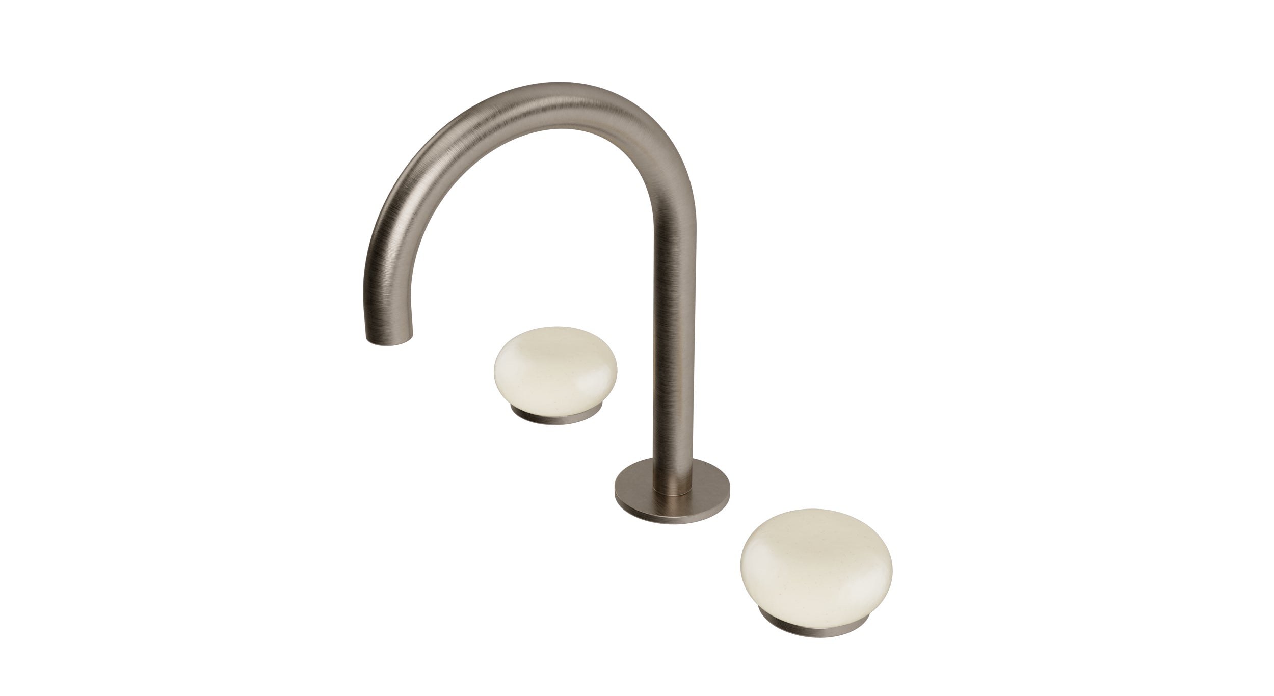 Foundry Two Handle Deck Mount Gooseneck Lavatory Faucet with Pebble Ceramic Knob Handles in Antique Nickel