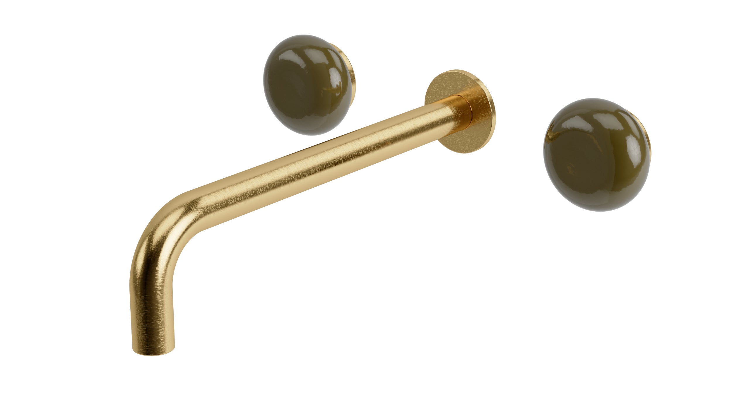 Foundry Two Handle Wall Mount 10" Lavatory Faucet with Pebble Ceramic Knob Handles in Satin Brass