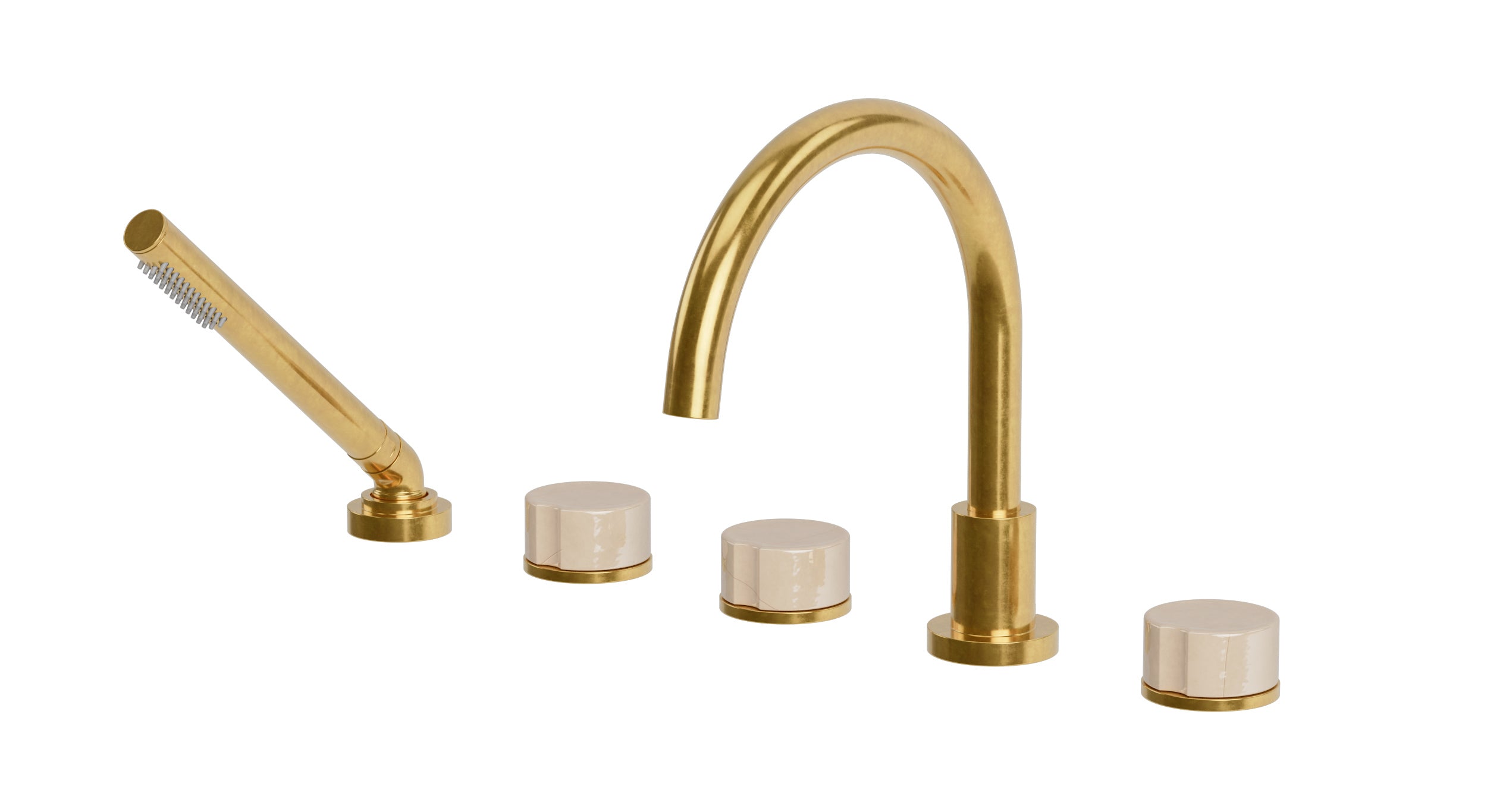Foundry Three Handle Deck Mount Gooseneck Bath Trim with Hand Shower and Groove Ceramic Knob Handles in French Brass