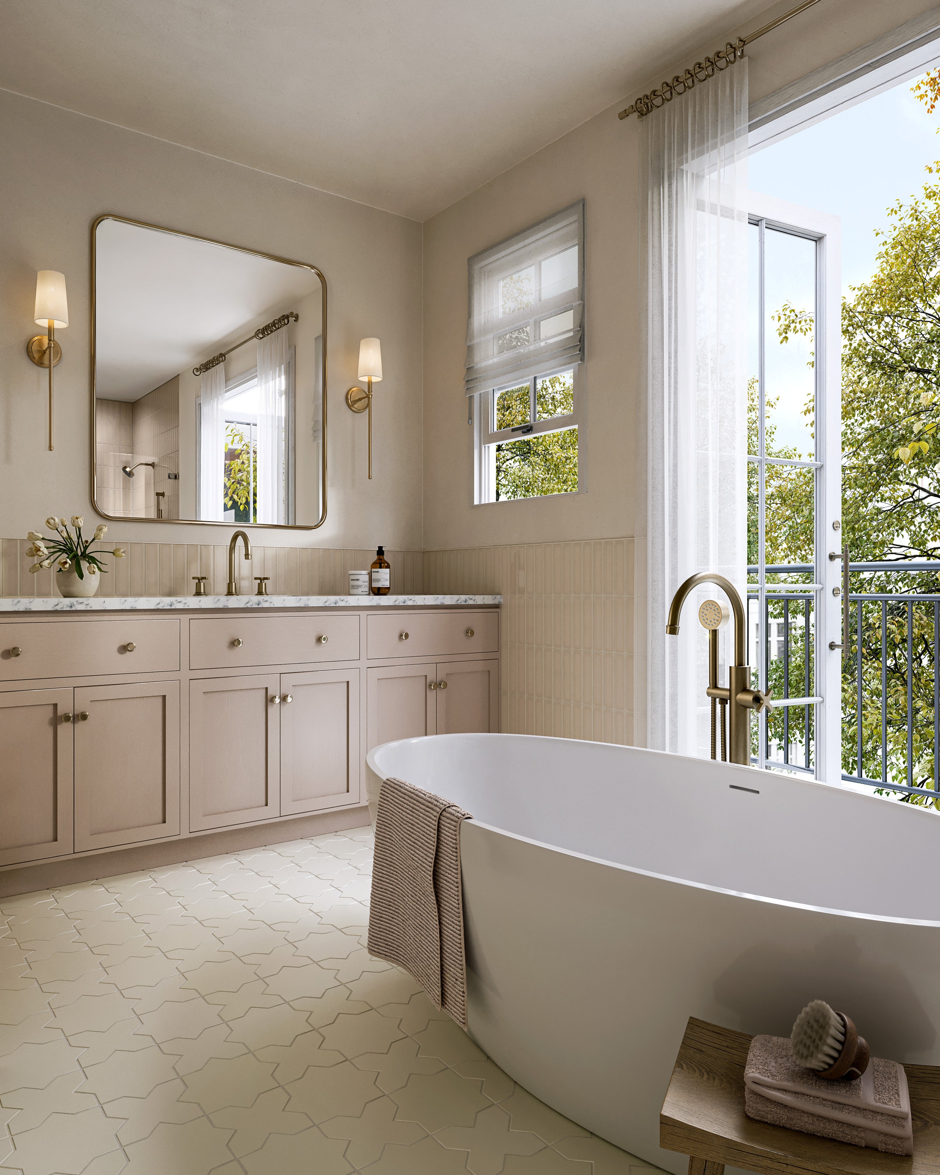 Emerson One Handle Floor Mount Gooseneck Bath Trim with Hand Shower and Classic Cross Handle in Antique Brass