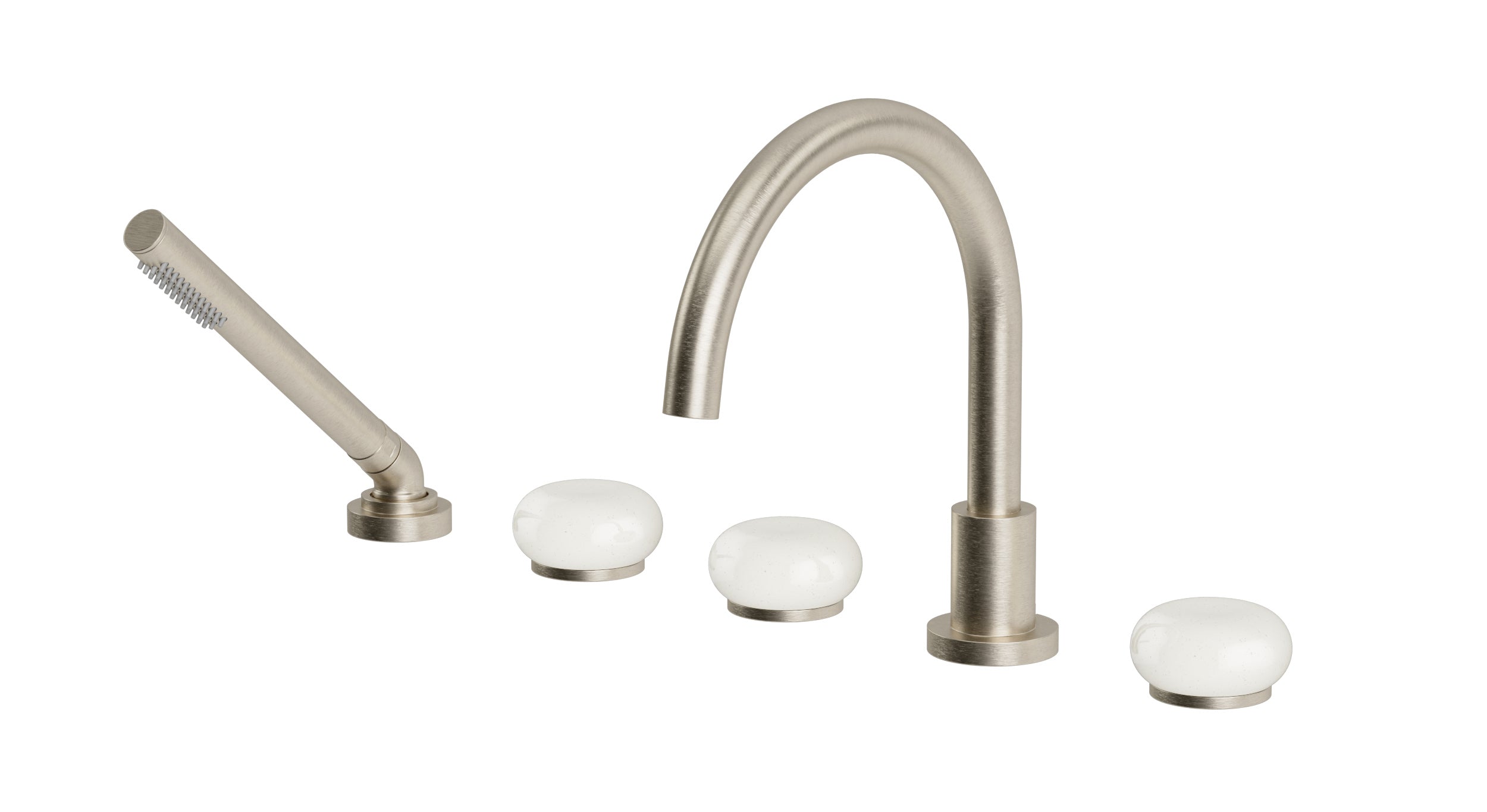 Foundry Three Handle Deck Mount Gooseneck Bath Trim with Hand Shower and Pebble Ceramic Knob Handles in Satin Nickel