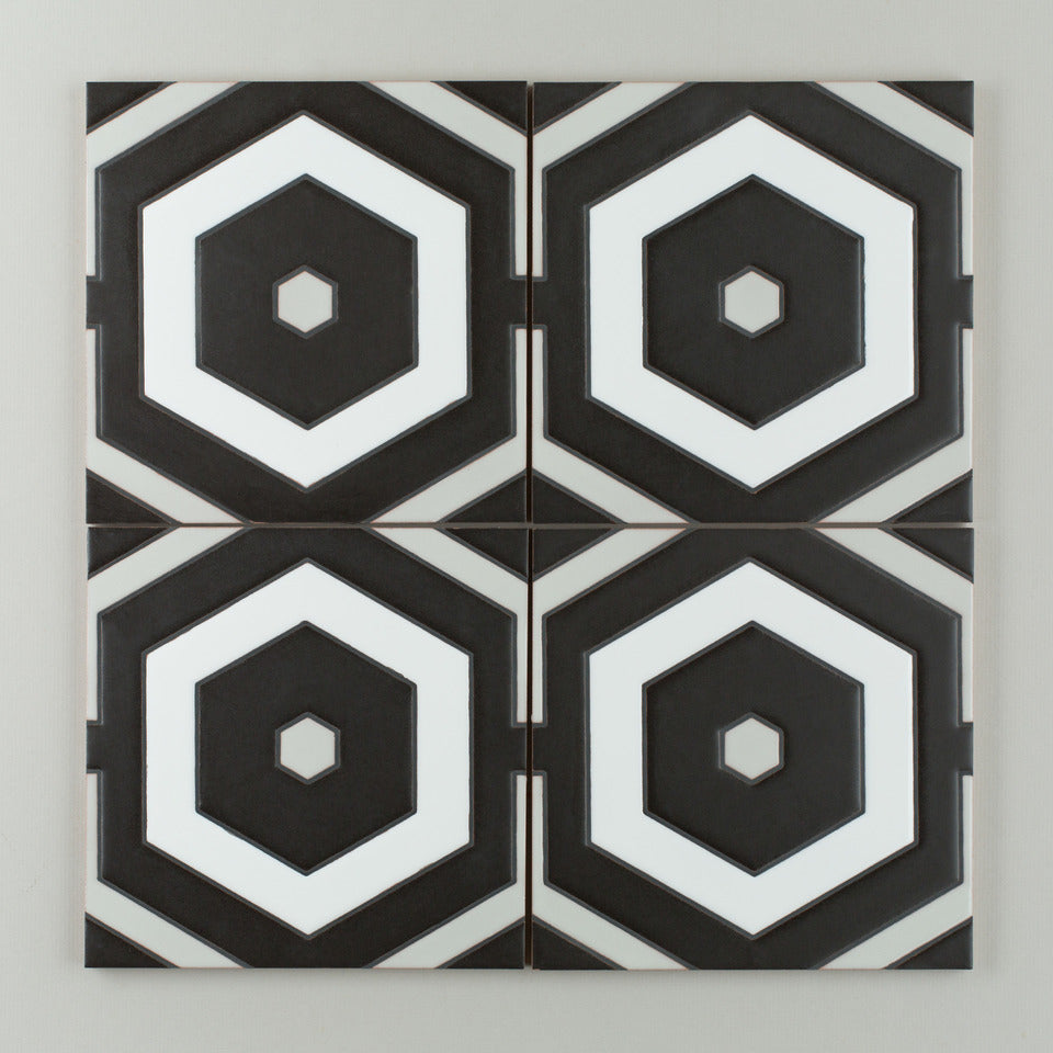 8x8 Handpainted Tile Tortoise Shell in Black & White Motif