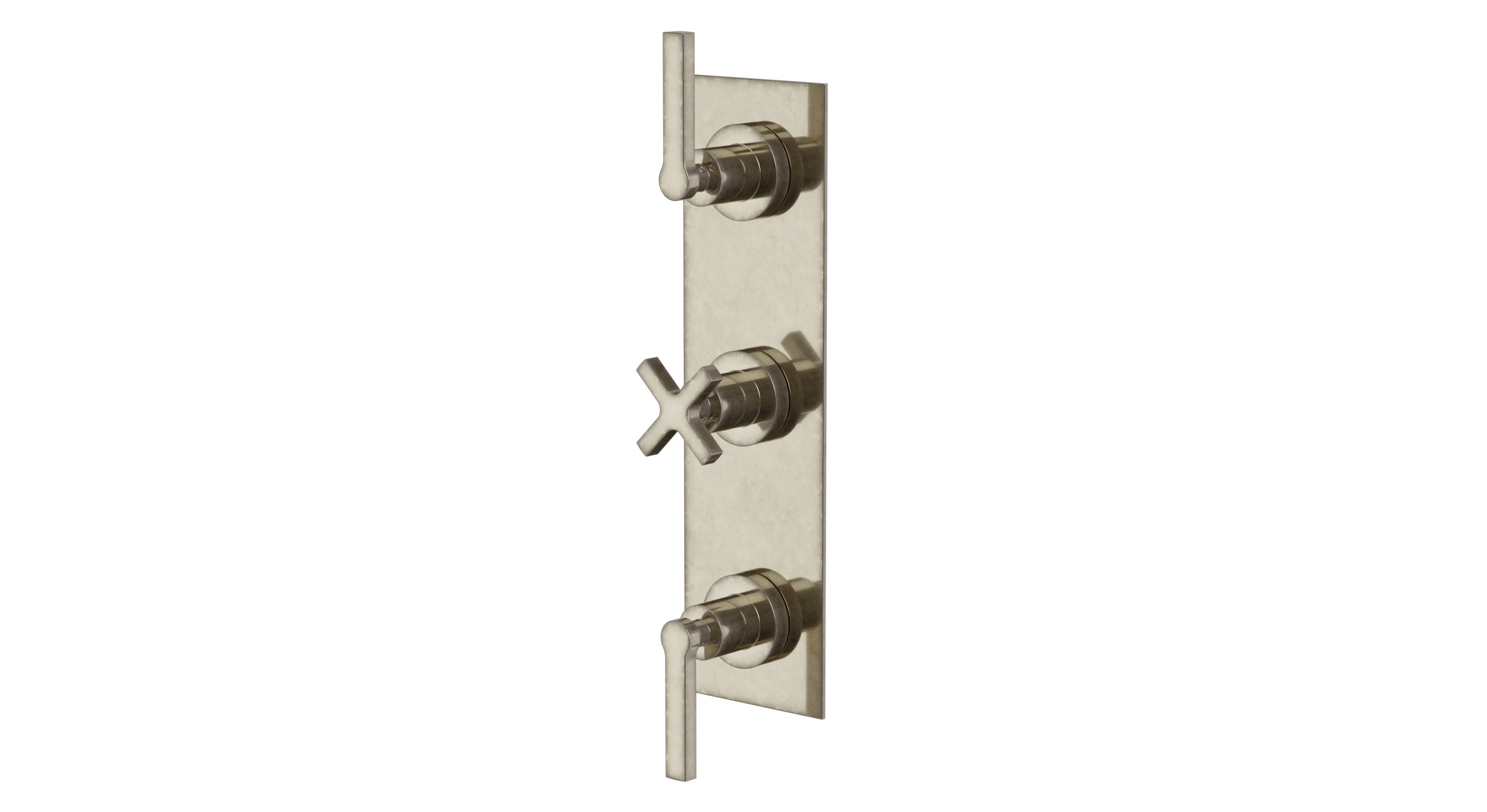 Flatiron Three Handle Wall Mount Shower Trim with Linear Cross/Linear Lever Handles in French Nickel