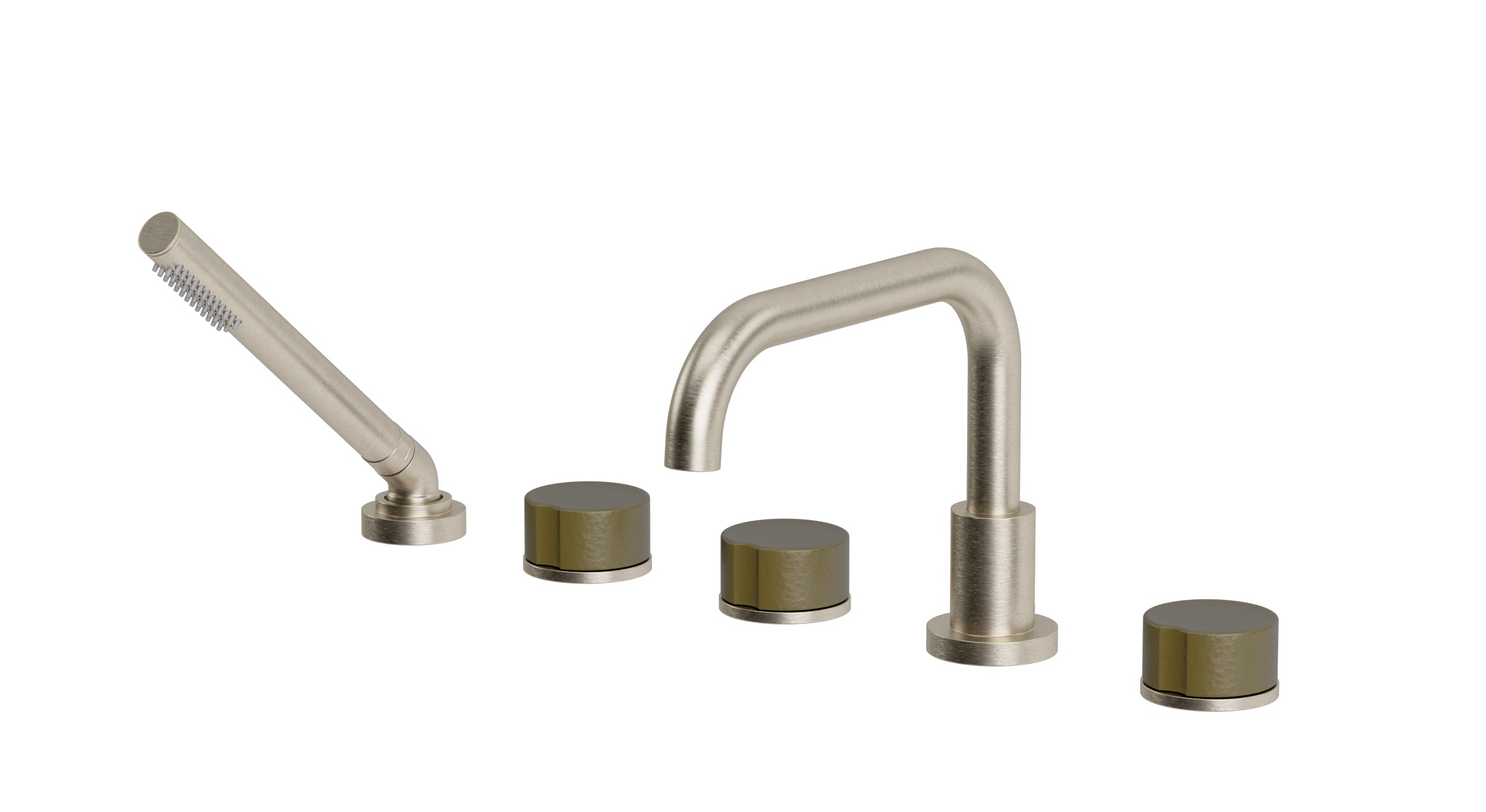 Foundry Three Handle Deck Mount Squaretop Bath Trim with Hand Shower and Groove Ceramic Knob Handles in Satin Nickel