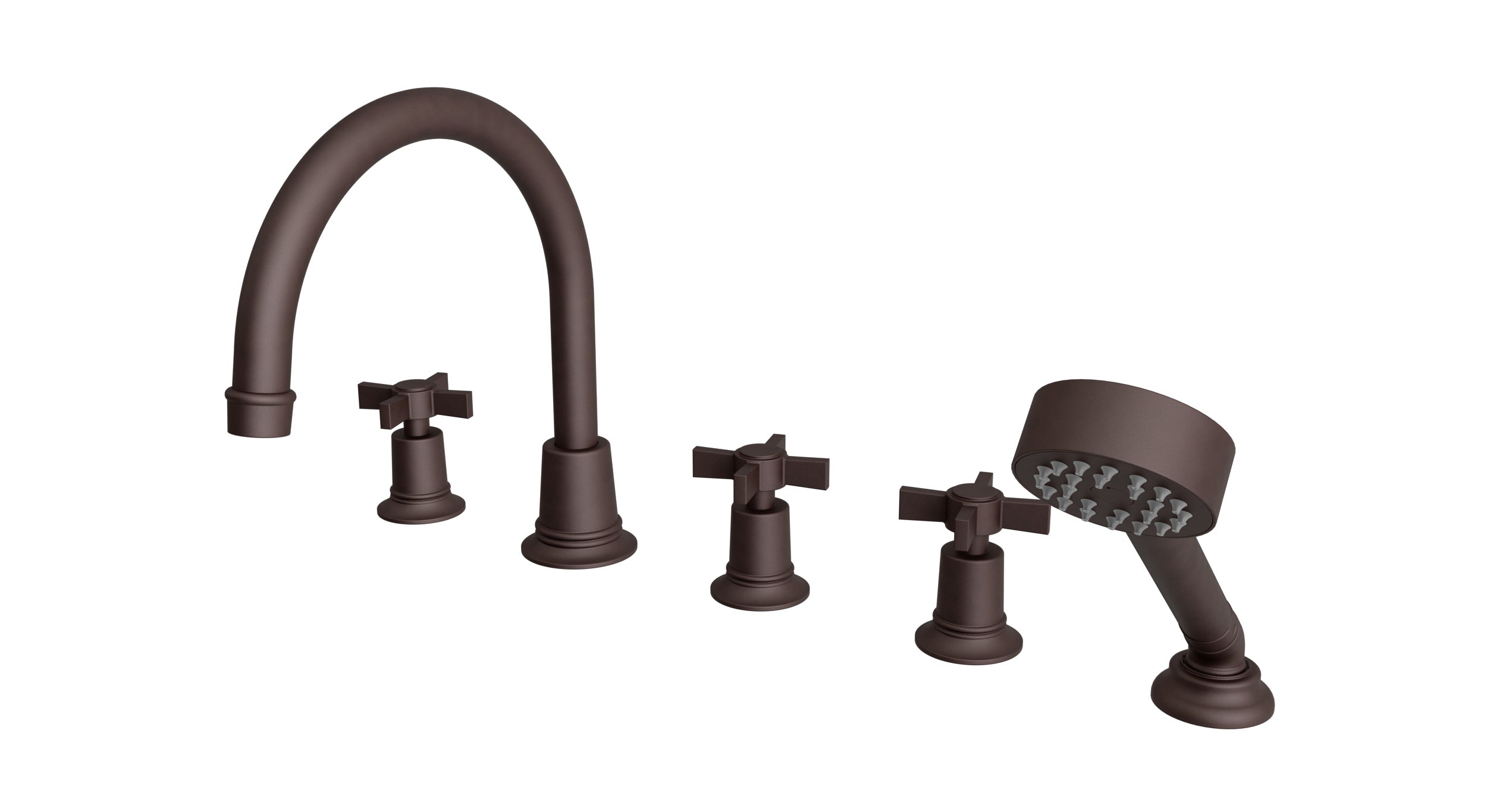 Emerson Three Handle Deck Mount Gooseneck Bath Trim with Hand Shower and Defined Cross Handles in Architectural Copper