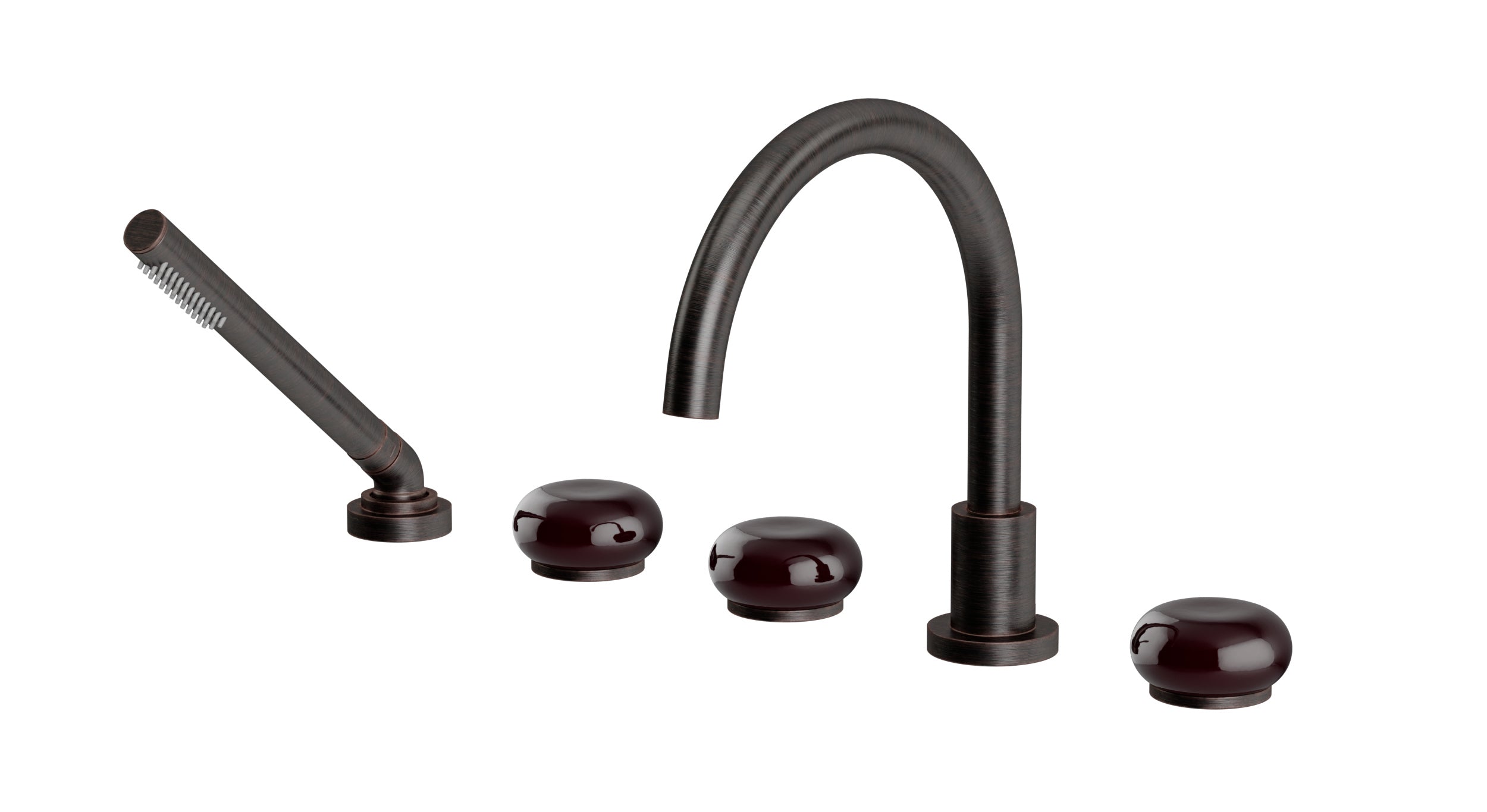 Foundry Three Handle Deck Mount Gooseneck Bath Trim with Hand Shower and Pebble Ceramic Knob Handles in Antique Bronze