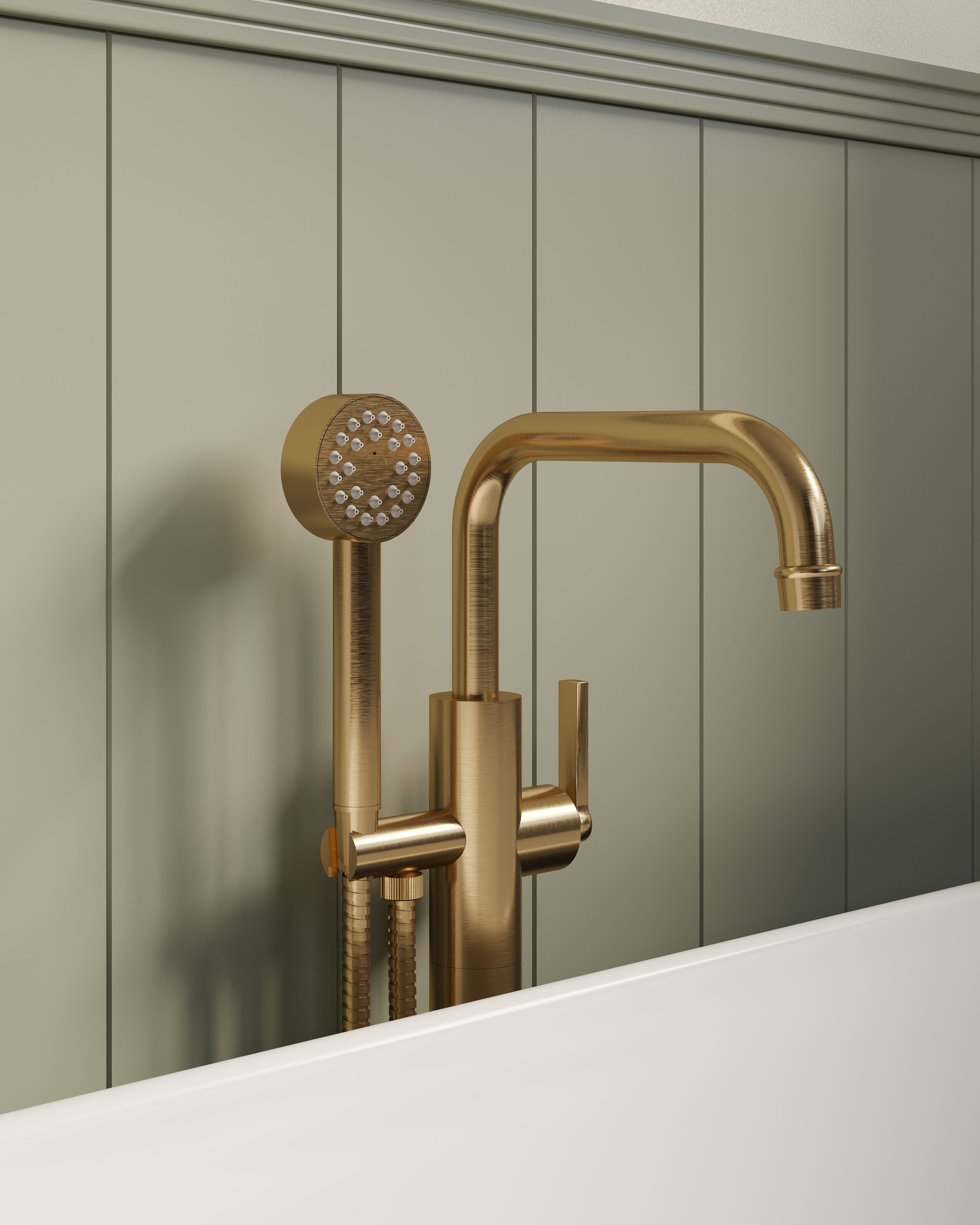 Emerson One Handle Floor Mount Squaretop Bath Trim with Hand Shower and Classic Cross Handle in Satin Brass
