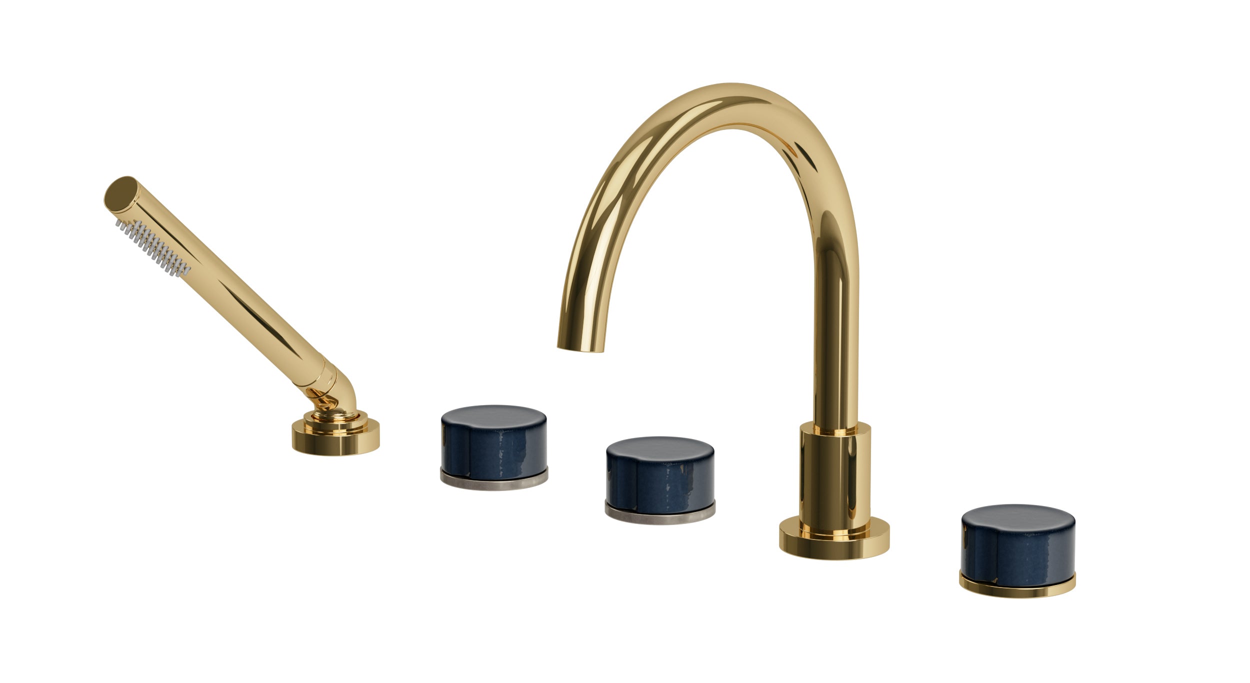 Foundry Three Handle Deck Mount Gooseneck Bath Trim with Hand Shower and Groove Ceramic Knob Handles in Polished Brass
