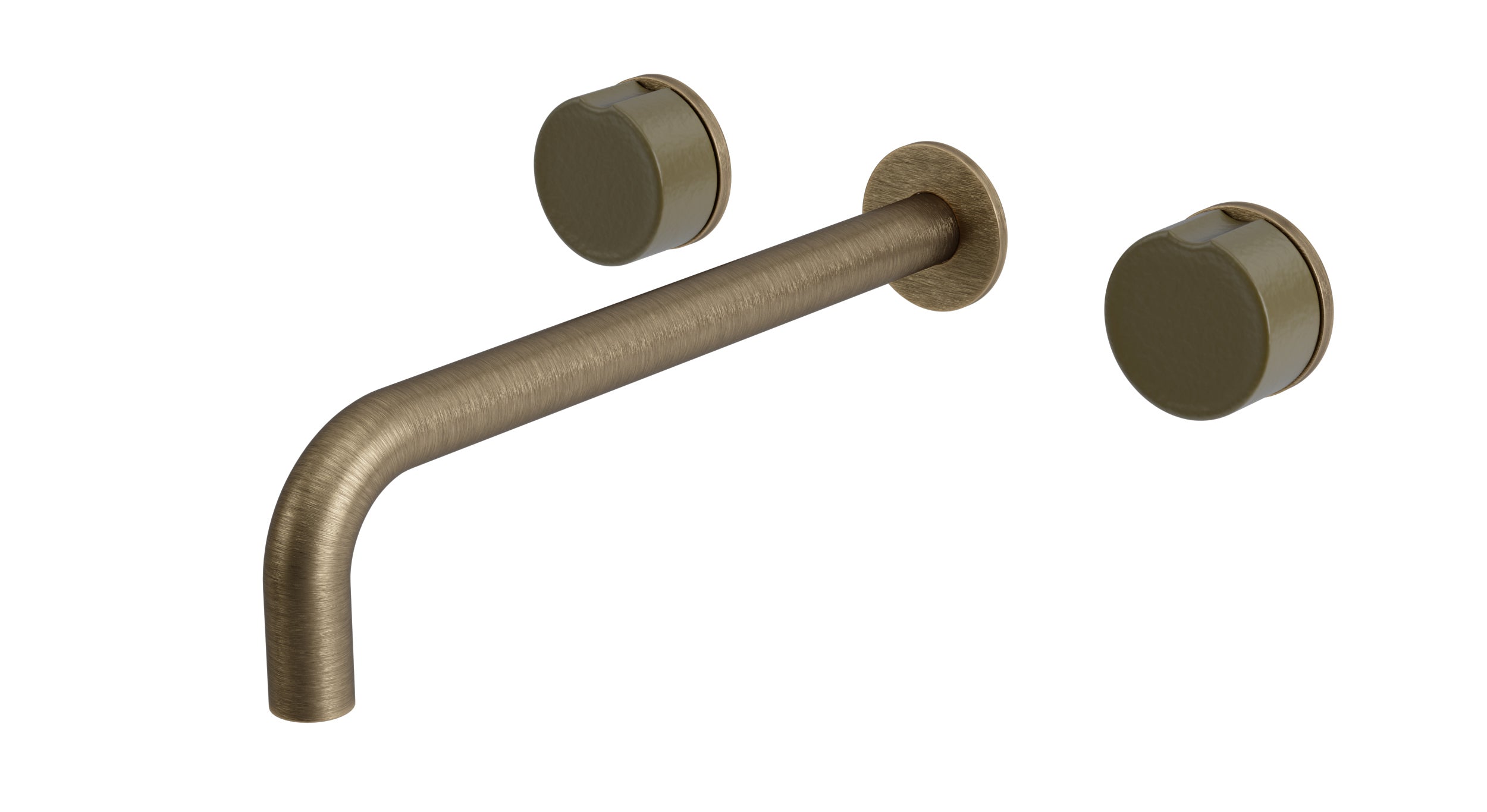 Foundry Two Handle Wall Mount 10" Lavatory Faucet with Groove Ceramic Knob Handles in Antique Brass