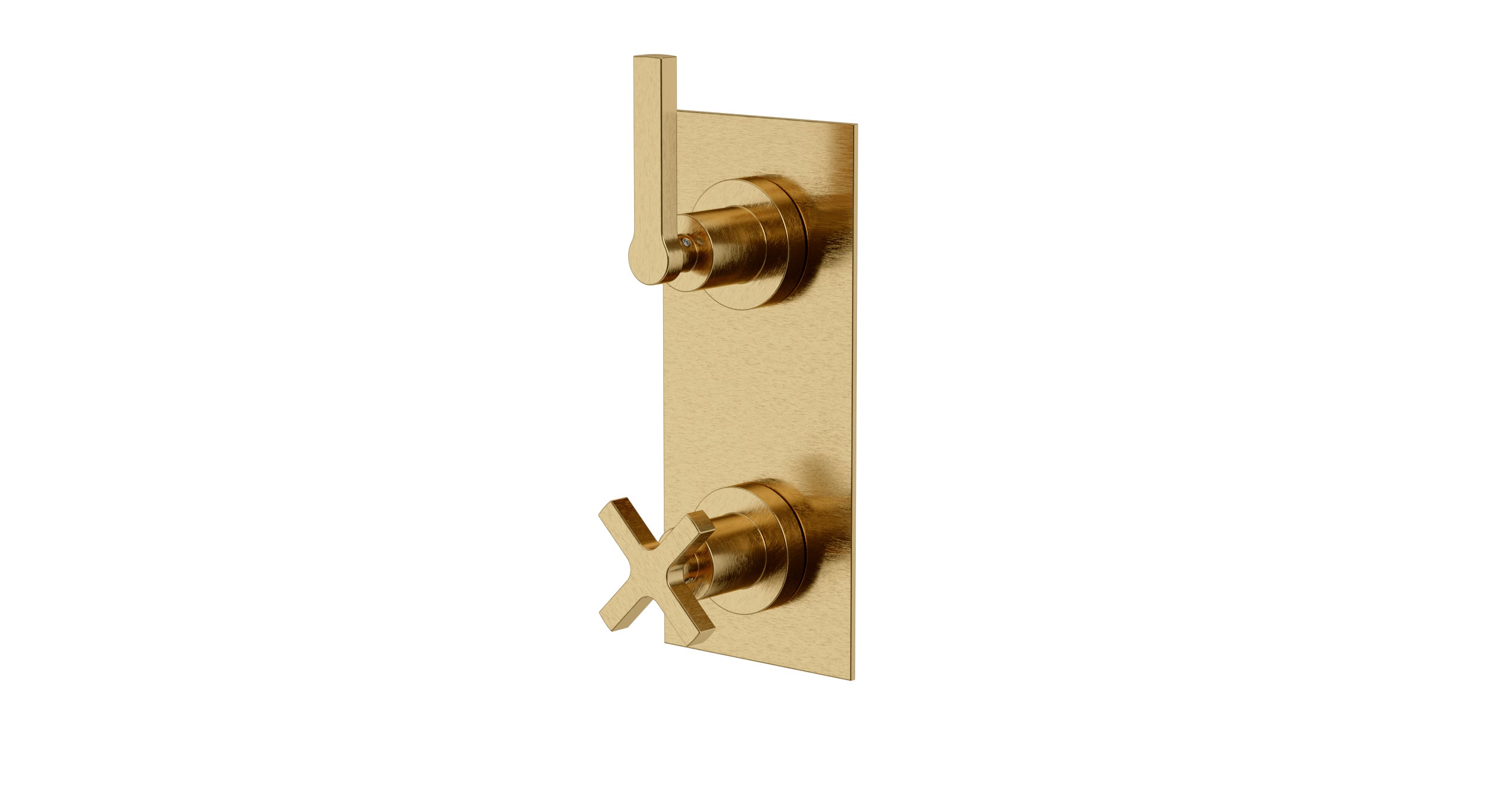 Flatiron Two Handle Wall Mount Shower Trim with Linear Cross/Linear Lever Handles in Satin Brass