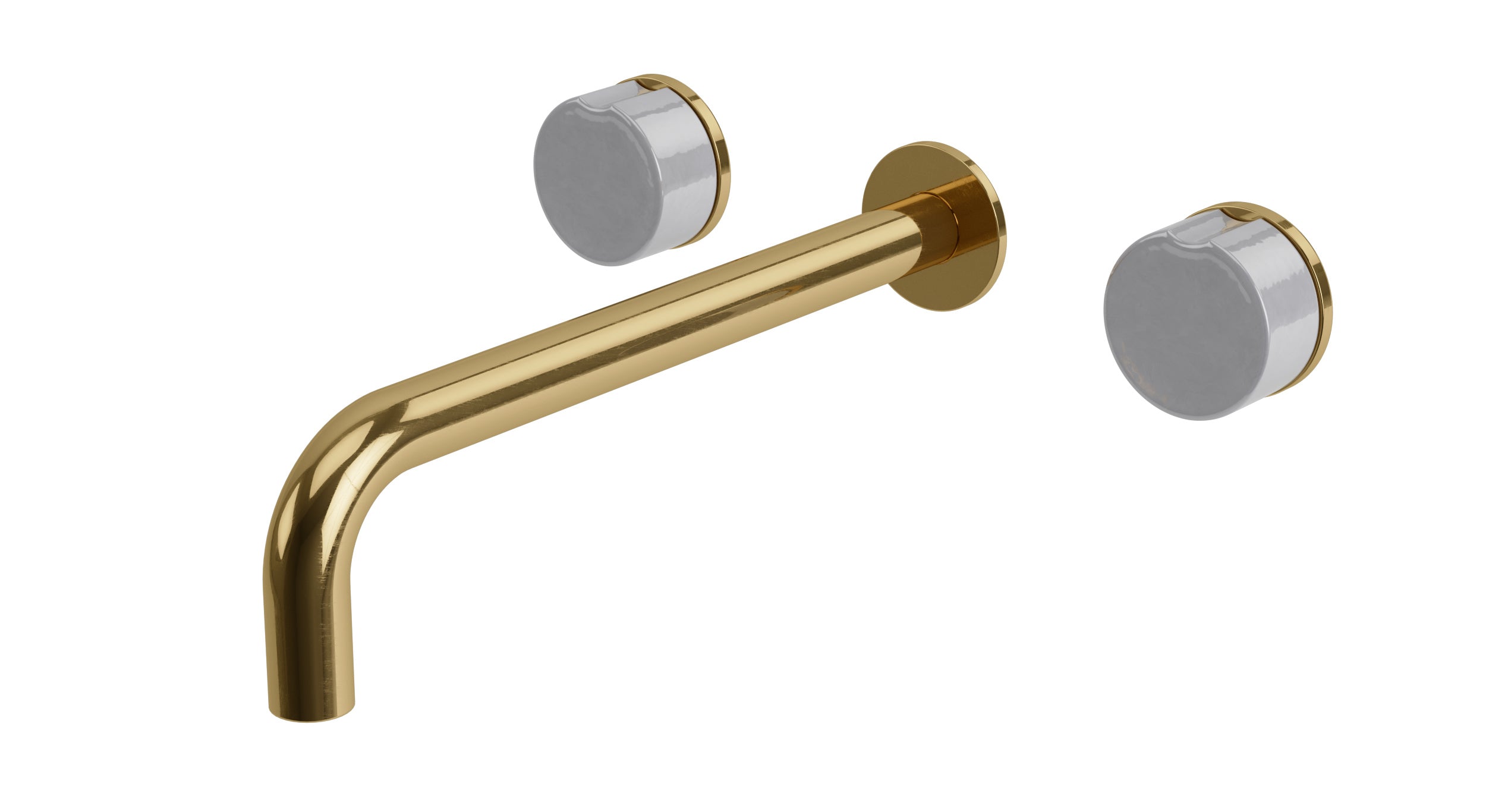 Foundry Two Handle Wall Mount 10" Lavatory Faucet with Groove Ceramic Knob Handles in Uncoated Polished Brass