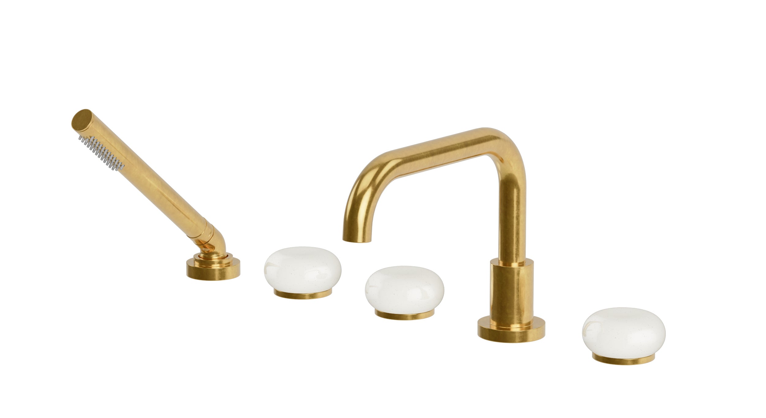 Foundry Three Handle Deck Mount Squaretop Bath Trim with Hand Shower and Pebble Ceramic Knob Handles in French Brass