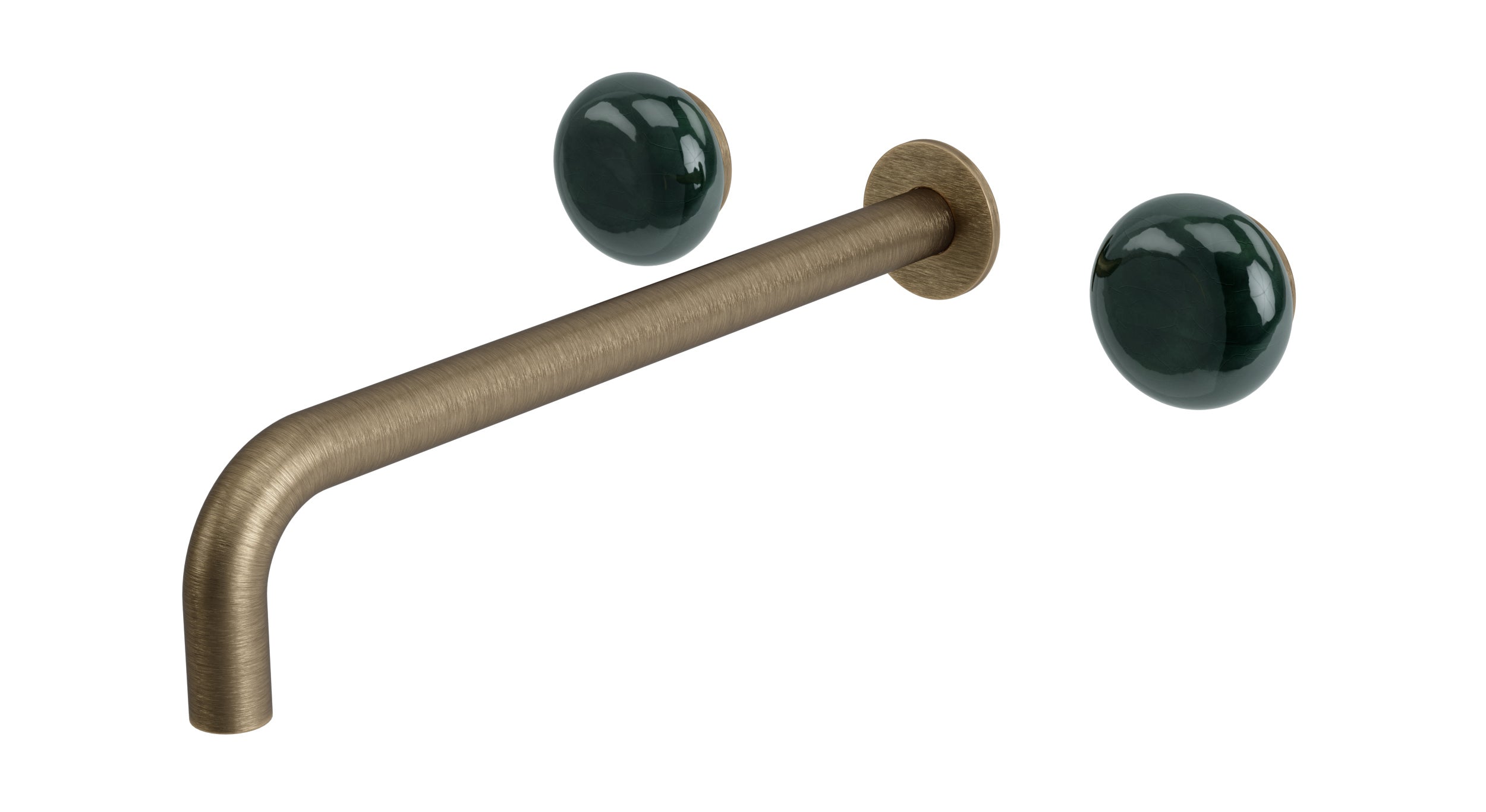 Foundry Two Handle Wall Mount 12" Lavatory Faucet with Pebble Ceramic Knob Handles in Antique Brass