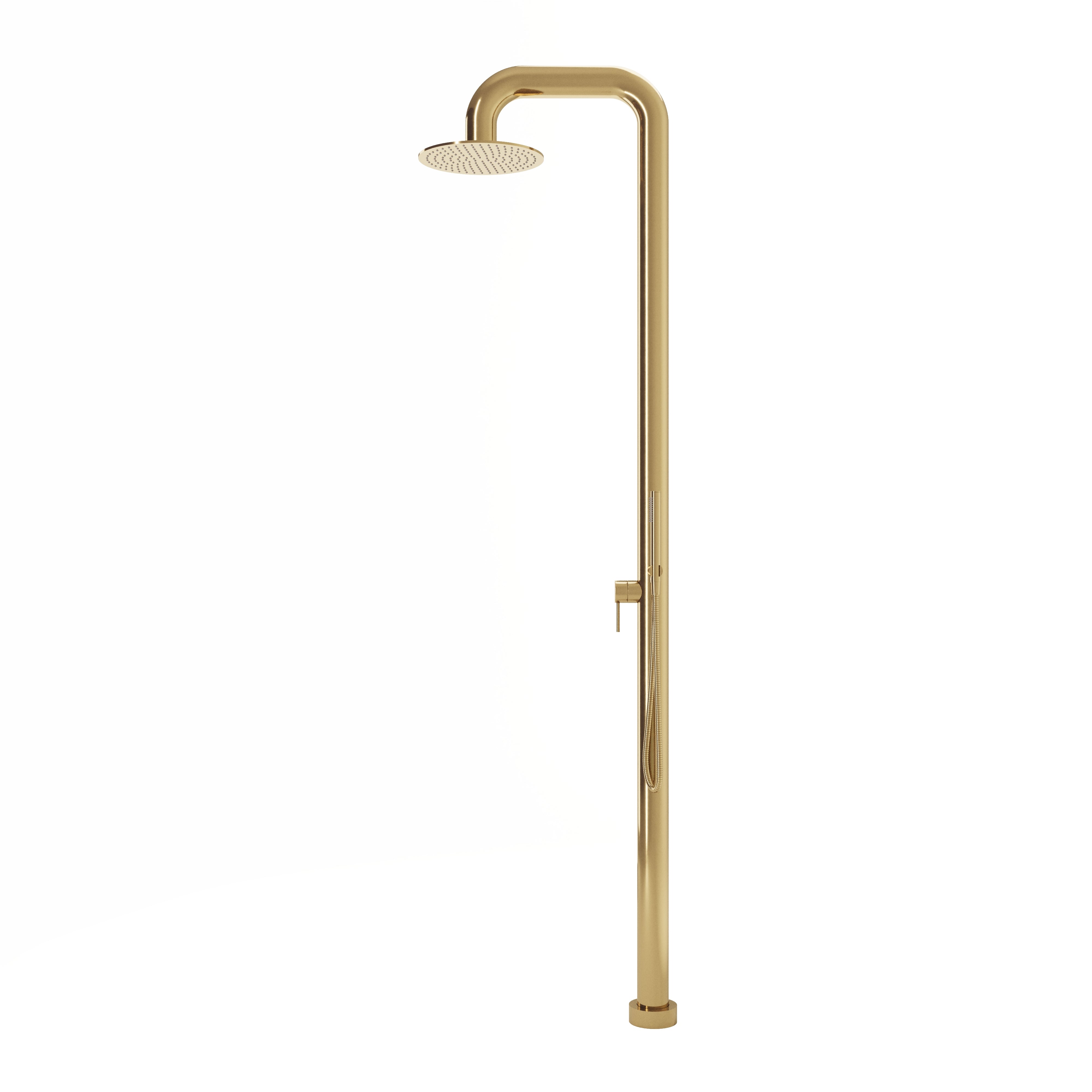 Contour Outdoor Shower Pressure Balance with 12" Rain Head and Hand Shower in Uncoated Polished Brass