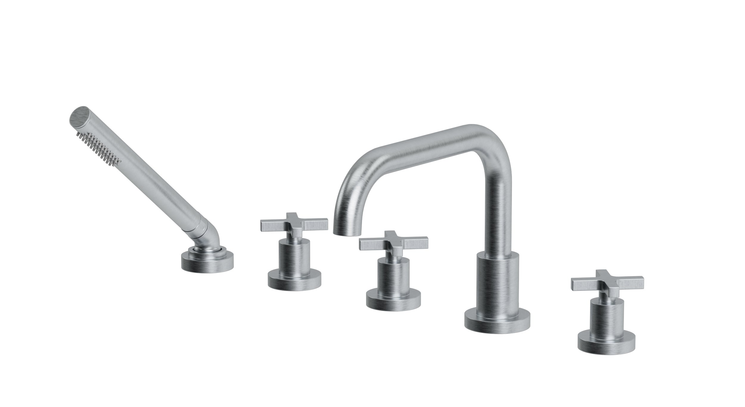 Flatiron Three Handle Deck Mount Squaretop Bath Trim with Hand Shower and Linear Cross Handles in Satin Chrome