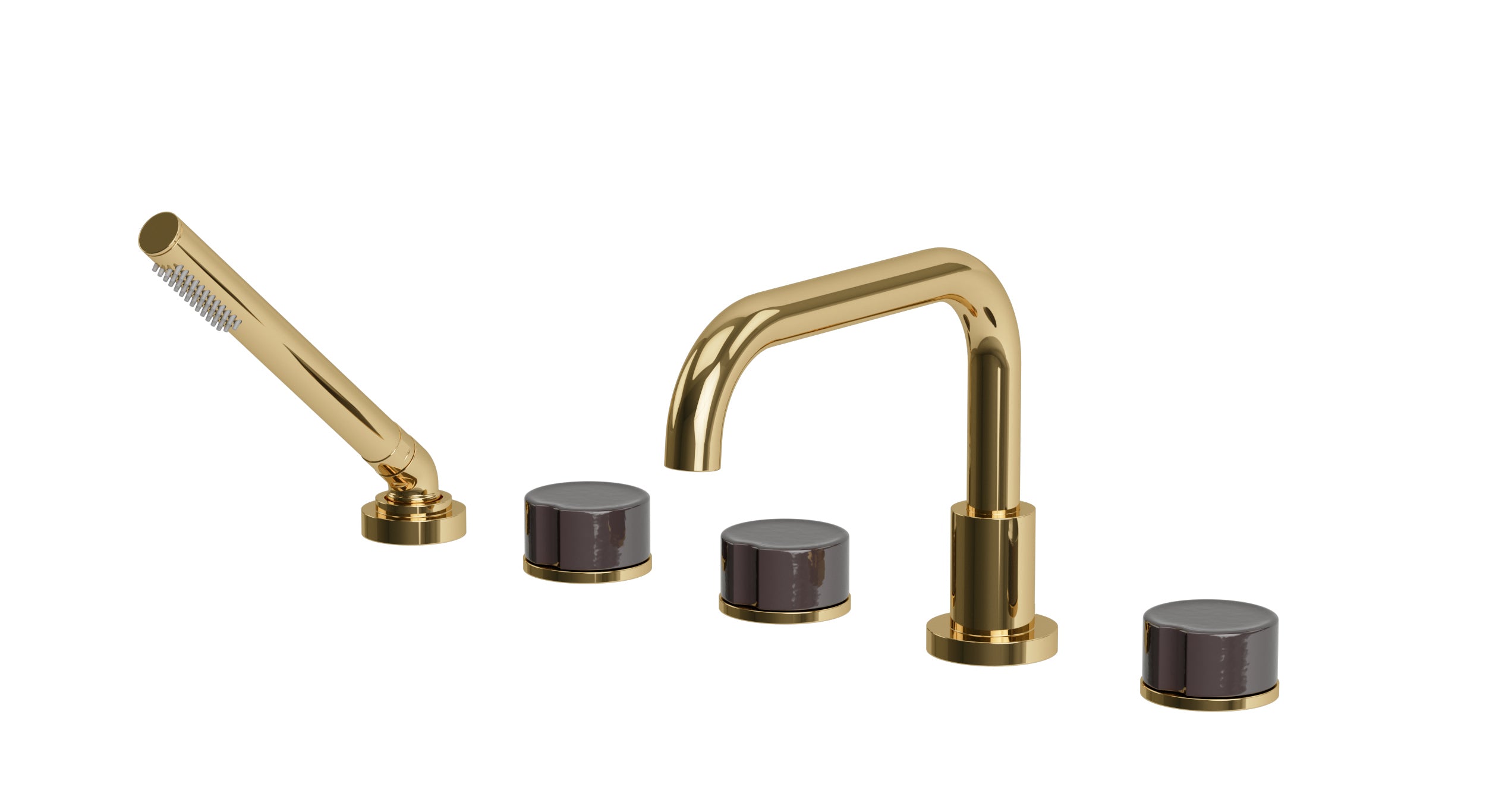 Foundry Three Handle Deck Mount Squaretop Bath Trim with Hand Shower and Groove Ceramic Knob Handles in Polished Brass