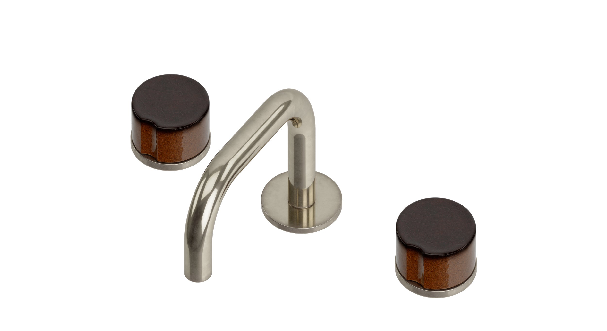 Foundry Two Handle Deck Mount Squaretop Lavatory Faucet with Groove Ceramic Knob Handles in French Nickel
