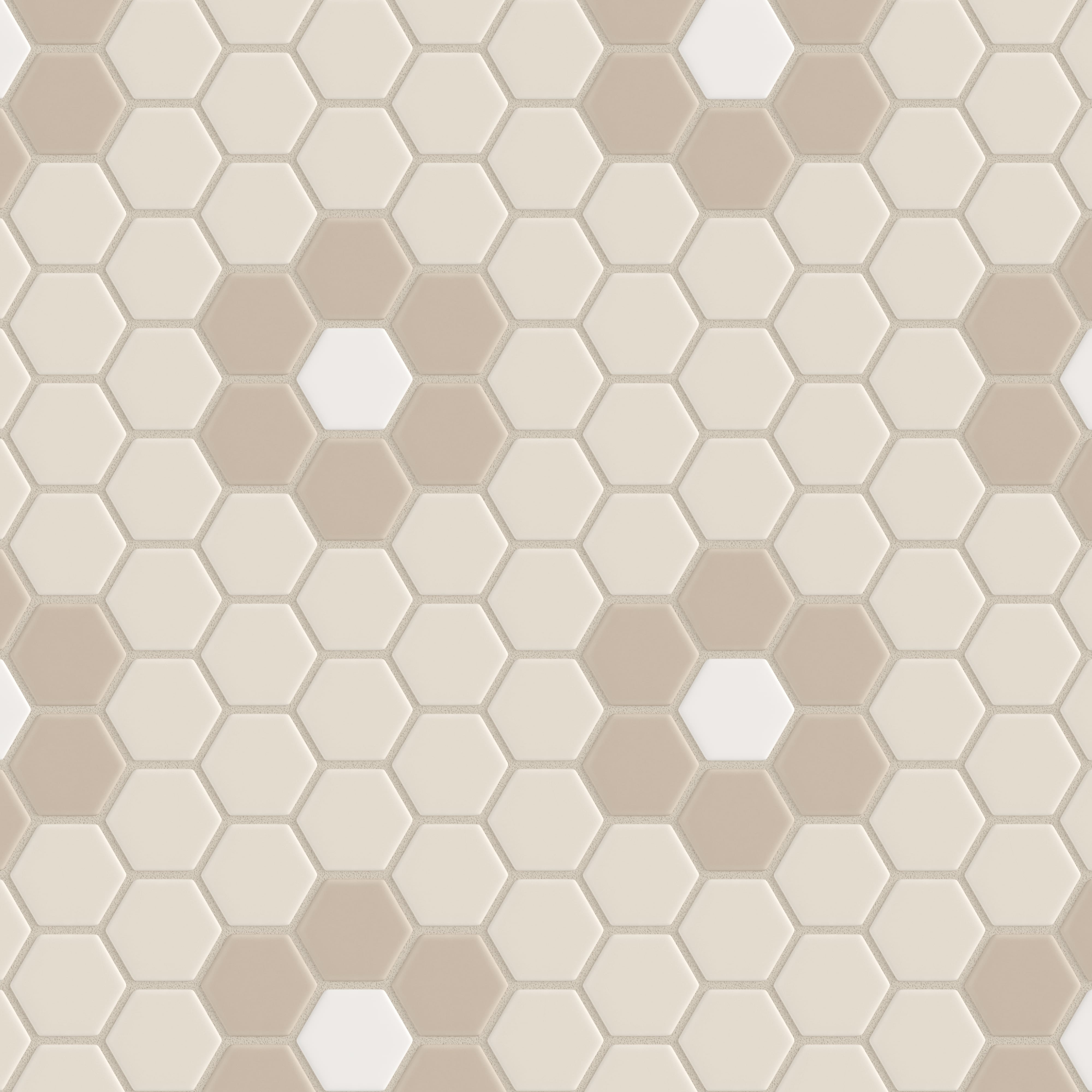 2" Hexagon Double Daisy Sheeted Original Ceramic Tile in Sand Dune Matte, Sweet Pea Matte & Calcite Matte