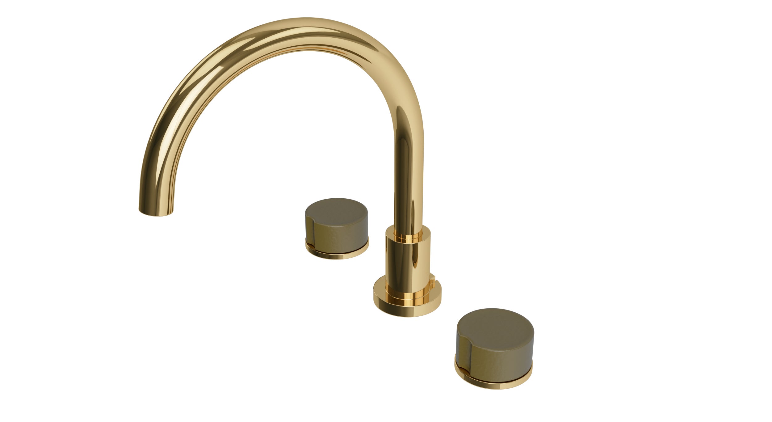 Foundry Two Handle Deck Mount Gooseneck Bath Trim with Groove Ceramic Knob Handles in Polished Brass