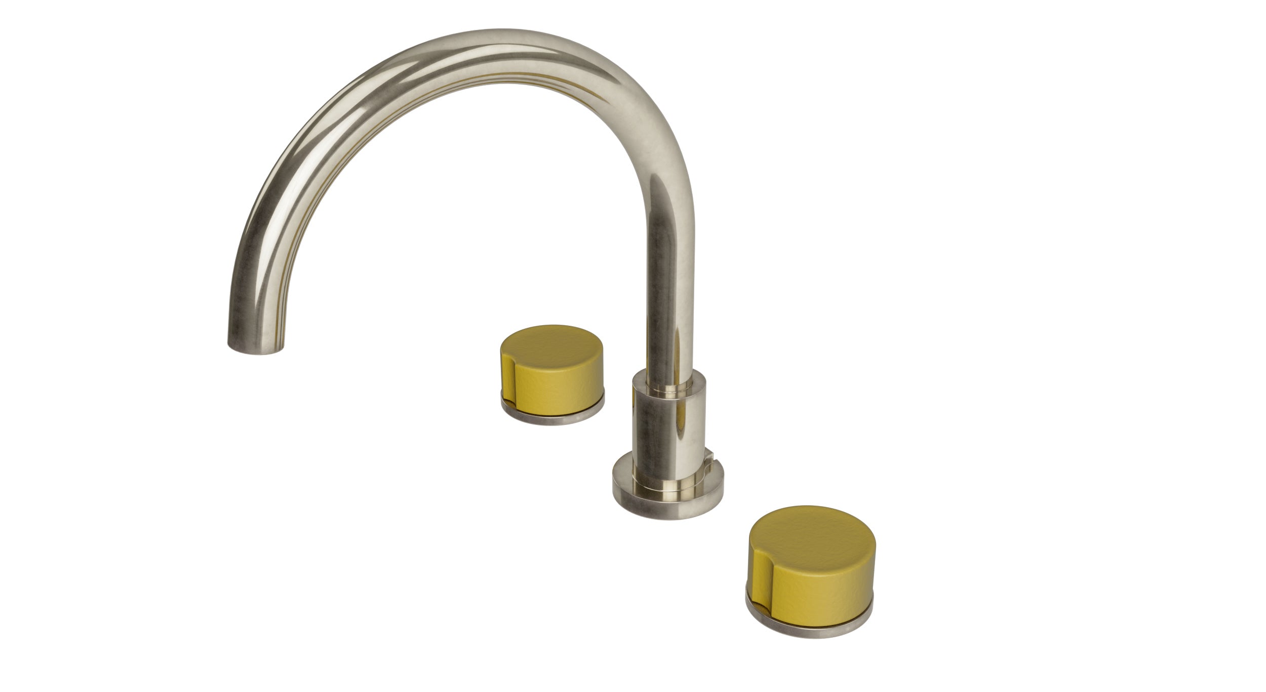 Foundry Two Handle Deck Mount Gooseneck Bath Trim with Groove Ceramic Knob Handles in French Nickel