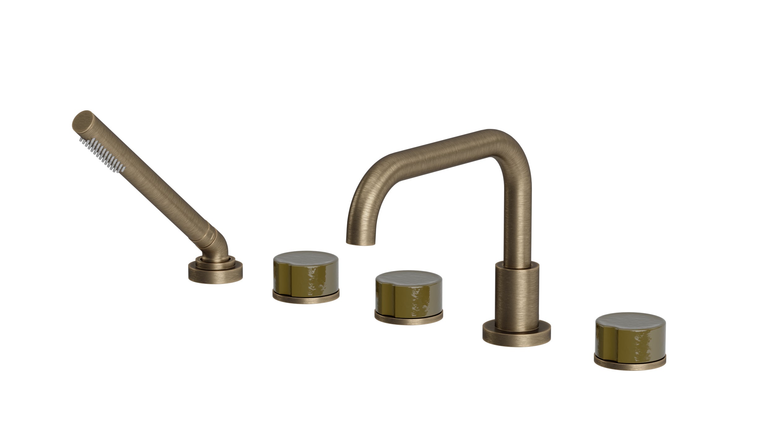Foundry Three Handle Deck Mount Squaretop Bath Trim with Hand Shower and Groove Ceramic Knob Handles in Antique Brass