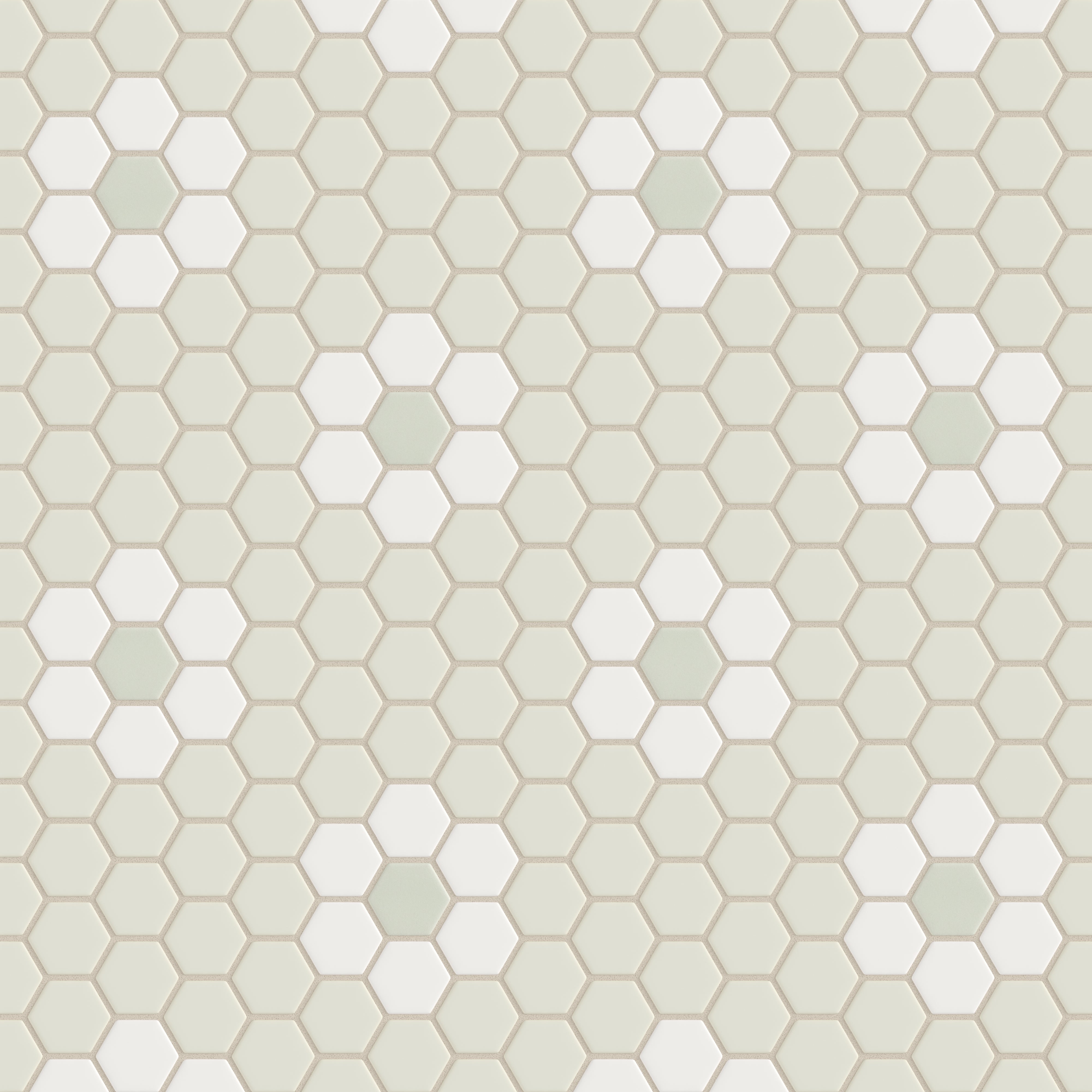 2" Hexagon Double Daisy Sheeted Original Ceramic Tile in Limewash Matte, Calcite Matte & Overcast Matte