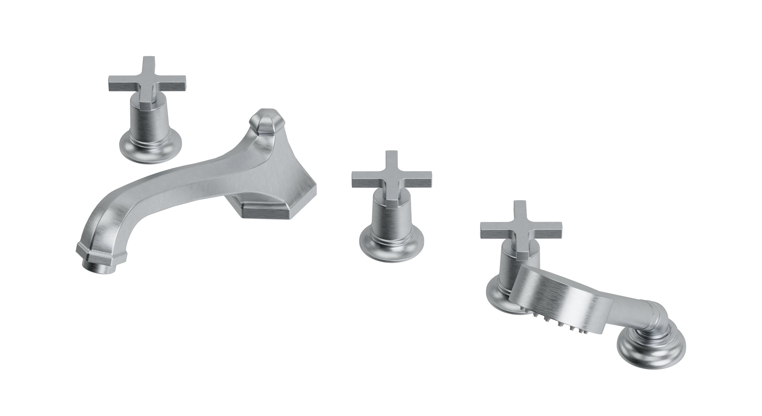 Emerson Three Handle Deck Mount Low Hexagon Bath Trim with Hand Shower and Classic Cross Handles in Satin Chrome