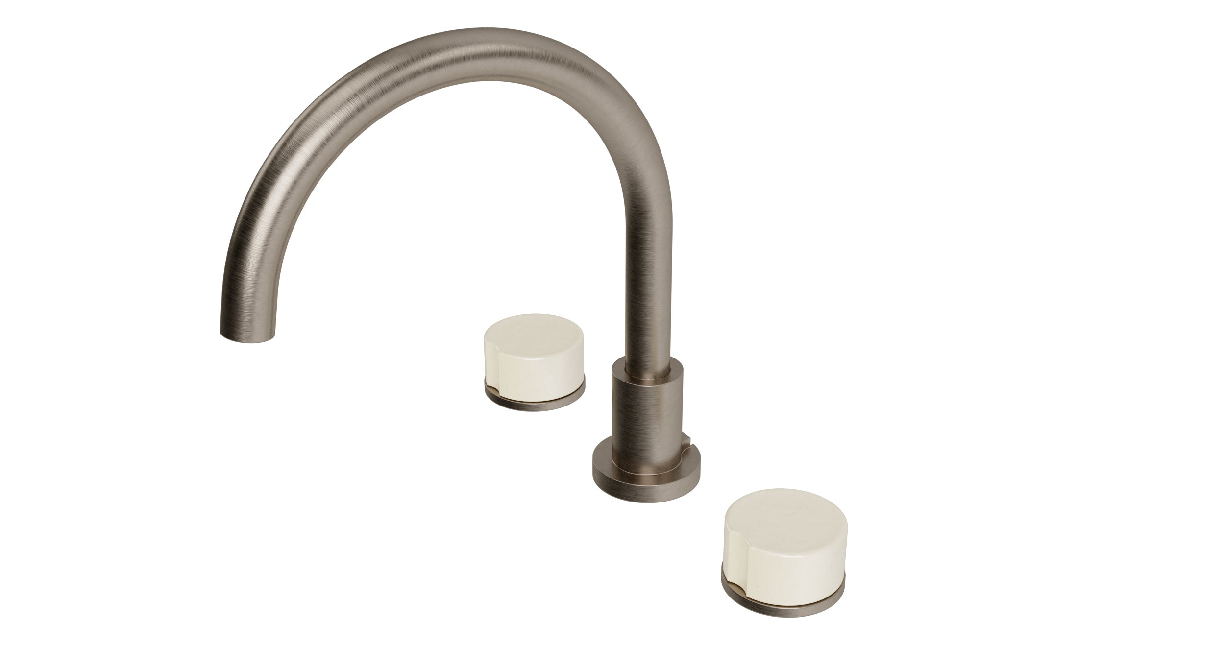 Foundry Two Handle Deck Mount Gooseneck Bath Trim with Groove Ceramic Knob Handles in Antique Nickel
