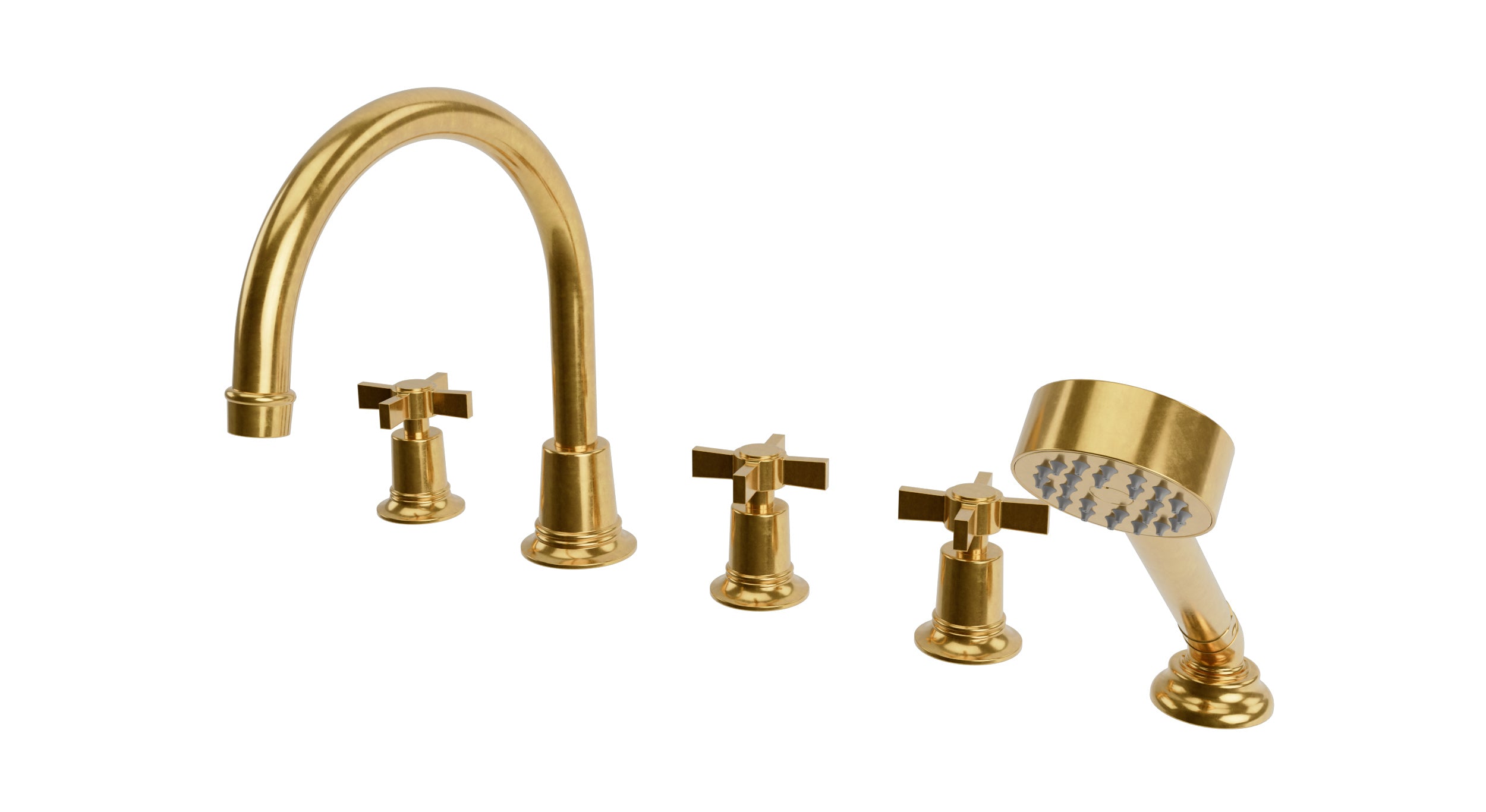 Emerson Three Handle Deck Mount Gooseneck Bath Trim with Hand Shower and Defined Cross Handles in French Brass