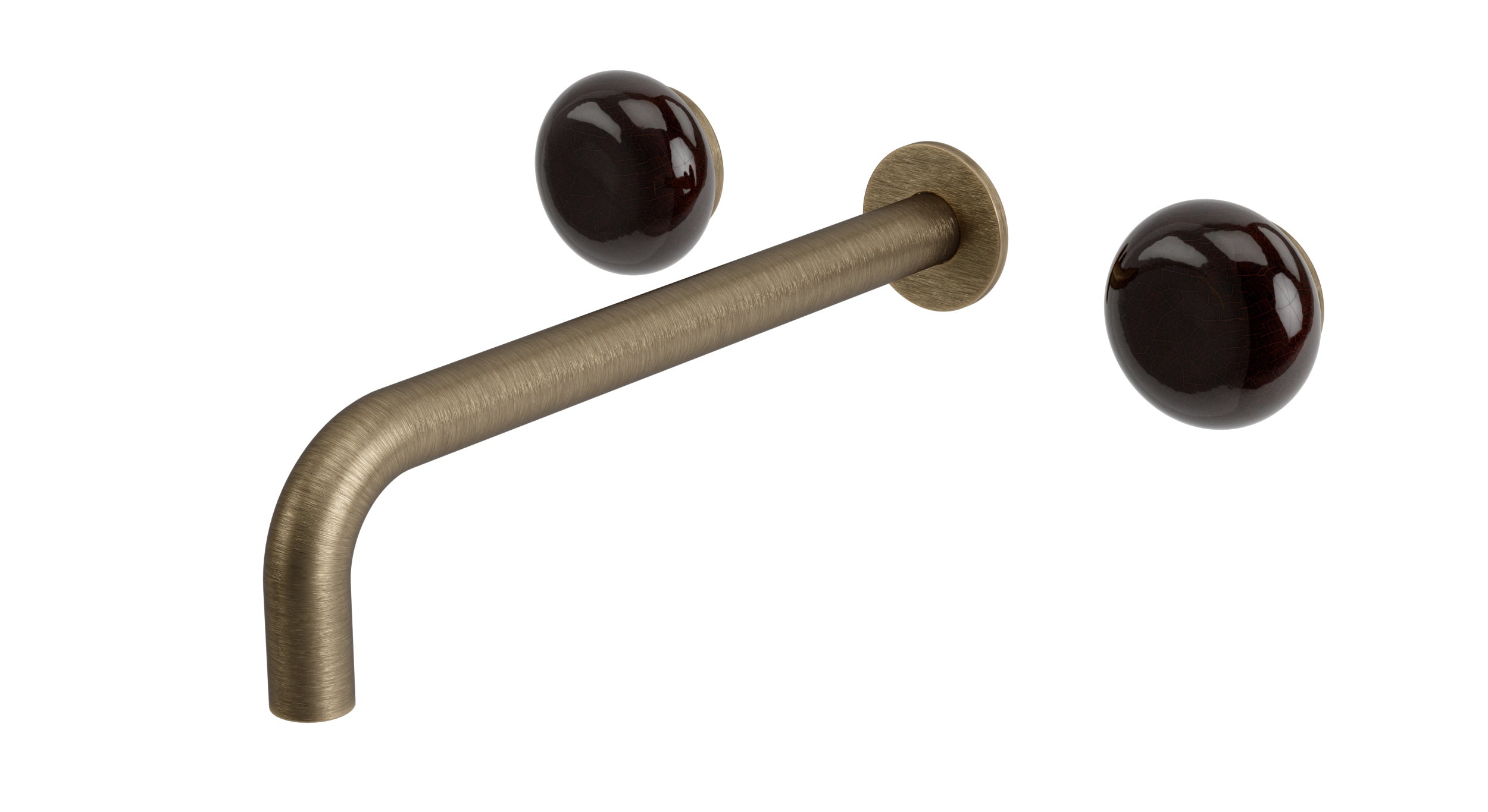 Foundry Two Handle Wall Mount 10" Lavatory Faucet with Pebble Ceramic Knob Handles in Antique Brass