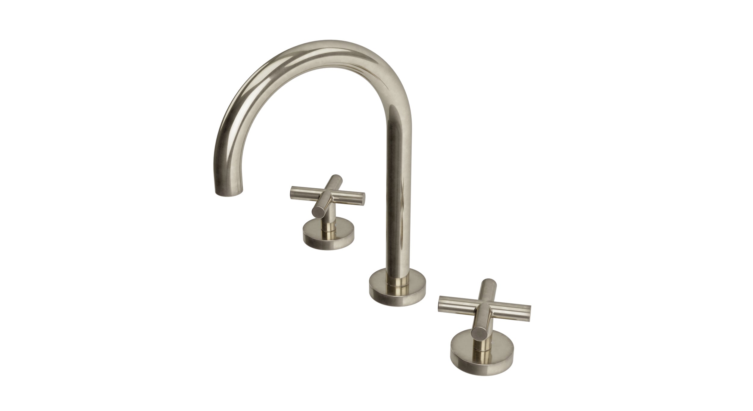 Contour Two Handle Deck Mount Gooseneck Lavatory Faucet with Soft Cross Handles in French Nickel