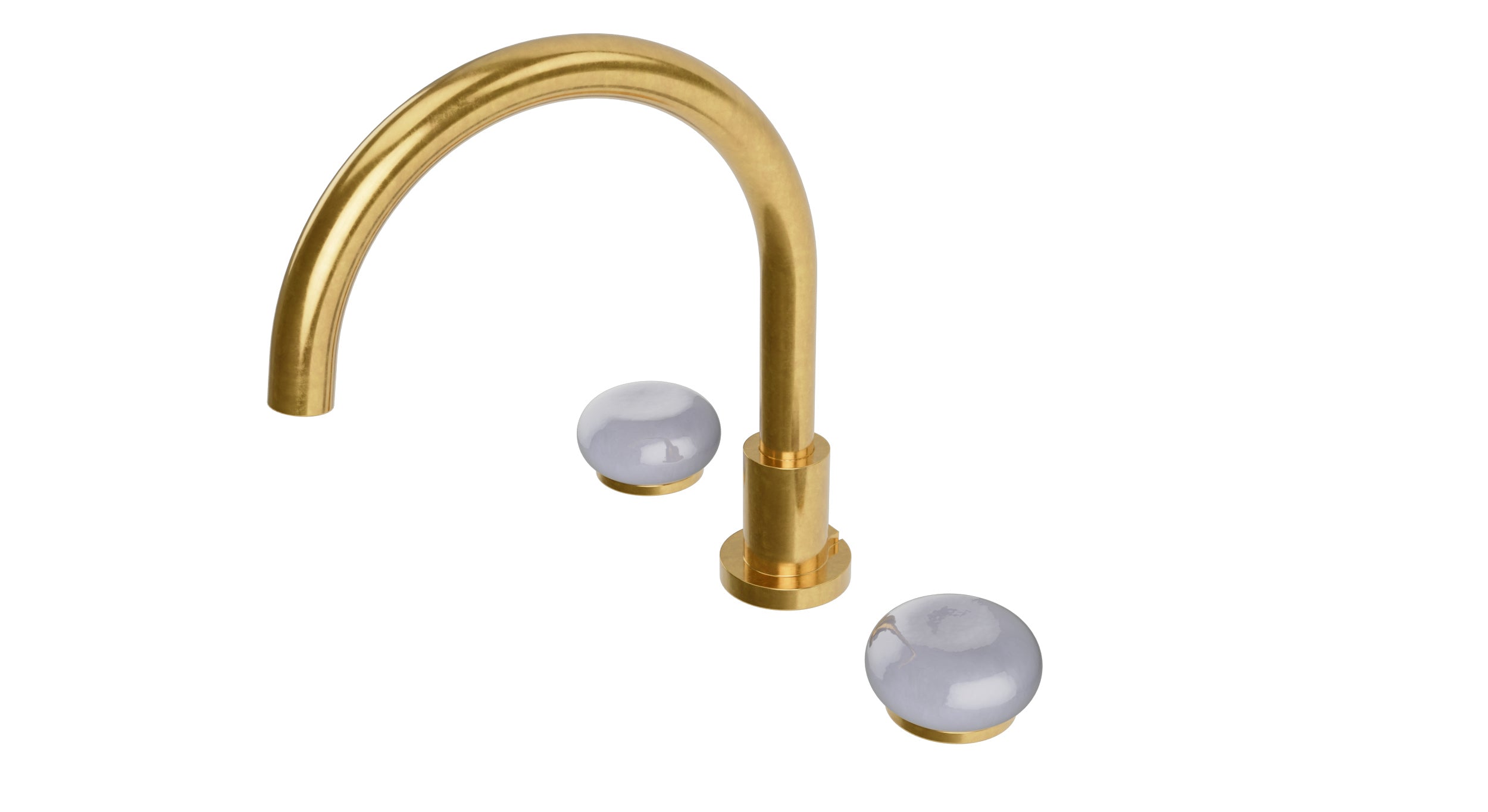 Foundry Two Handle Deck Mount Gooseneck Bath Trim with Pebble Ceramic Knob Handles in French Brass