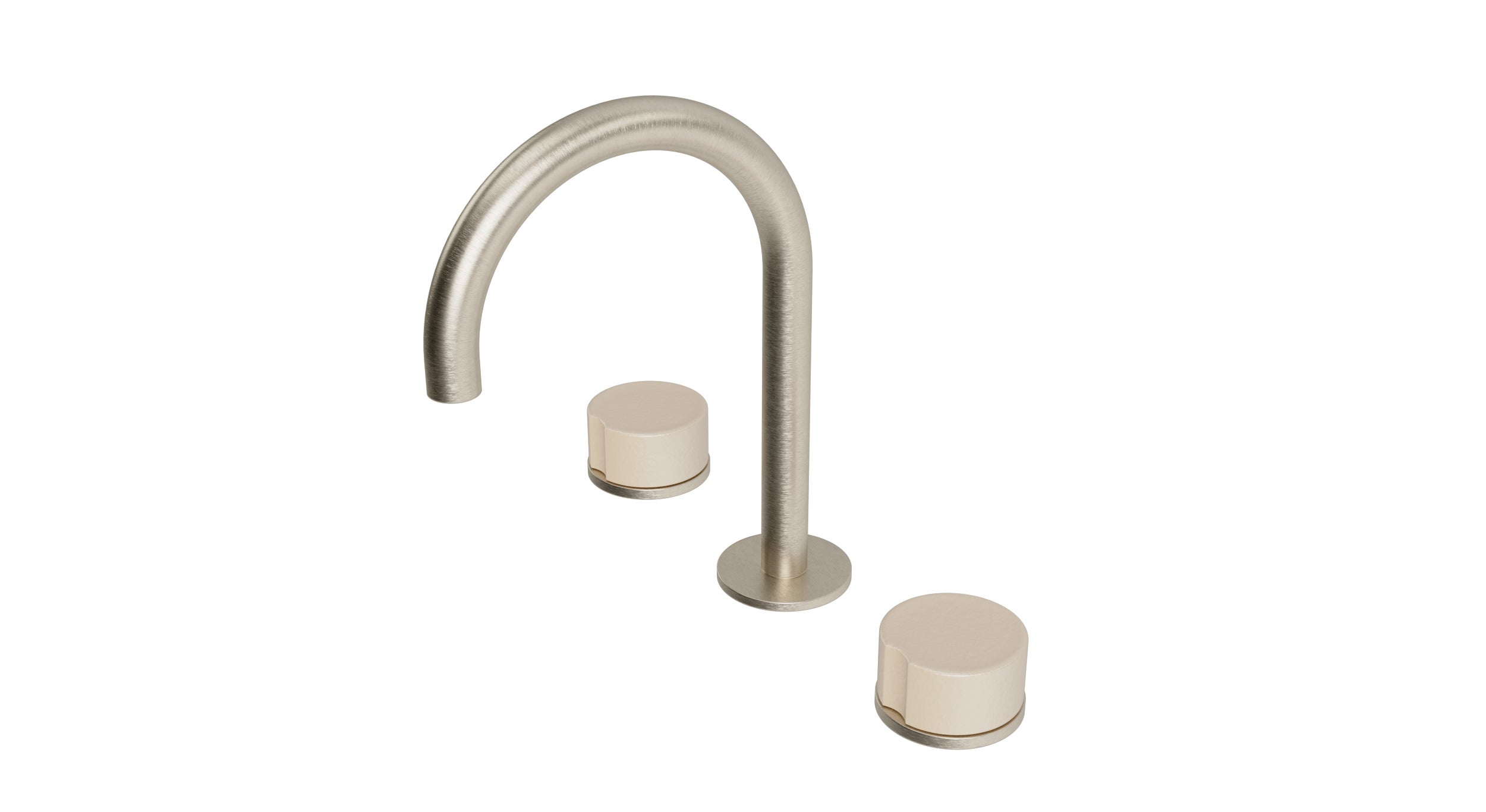 Foundry Two Handle Deck Mount Gooseneck Lavatory Faucet with Groove Ceramic Knob Handles in Satin Nickel
