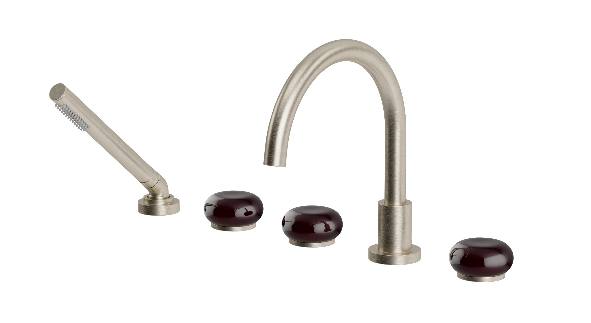 Foundry Three Handle Deck Mount Gooseneck Bath Trim with Hand Shower and Pebble Ceramic Knob Handles in Satin Nickel