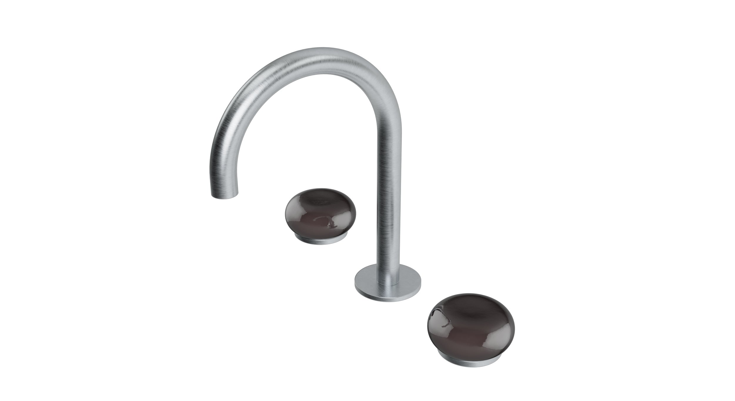 Foundry Two Handle Deck Mount Gooseneck Lavatory Faucet with Pebble Ceramic Knob Handles in Satin Chrome