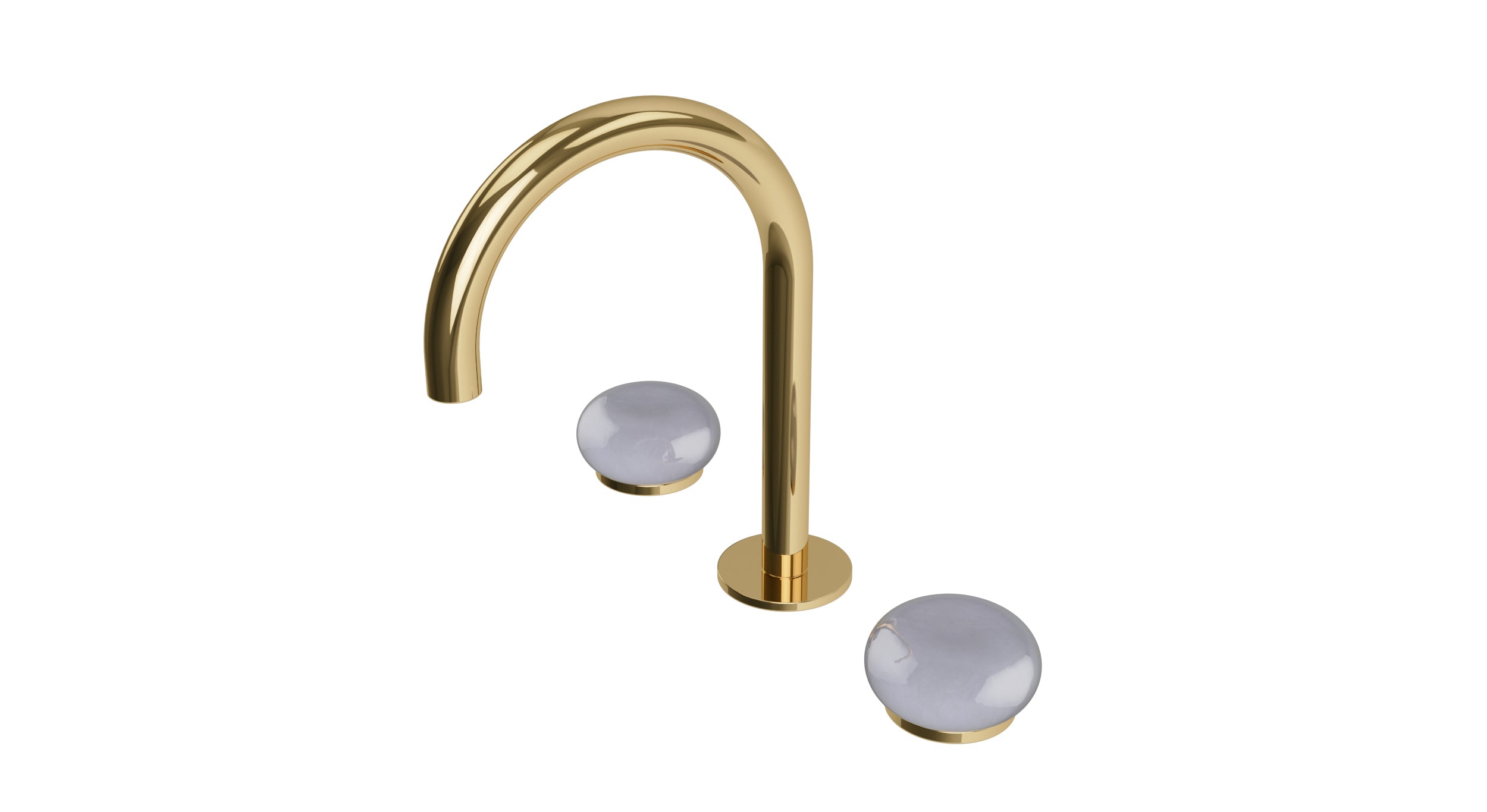Foundry Two Handle Deck Mount Gooseneck Lavatory Faucet with Pebble Ceramic Knob Handles in Polished Brass