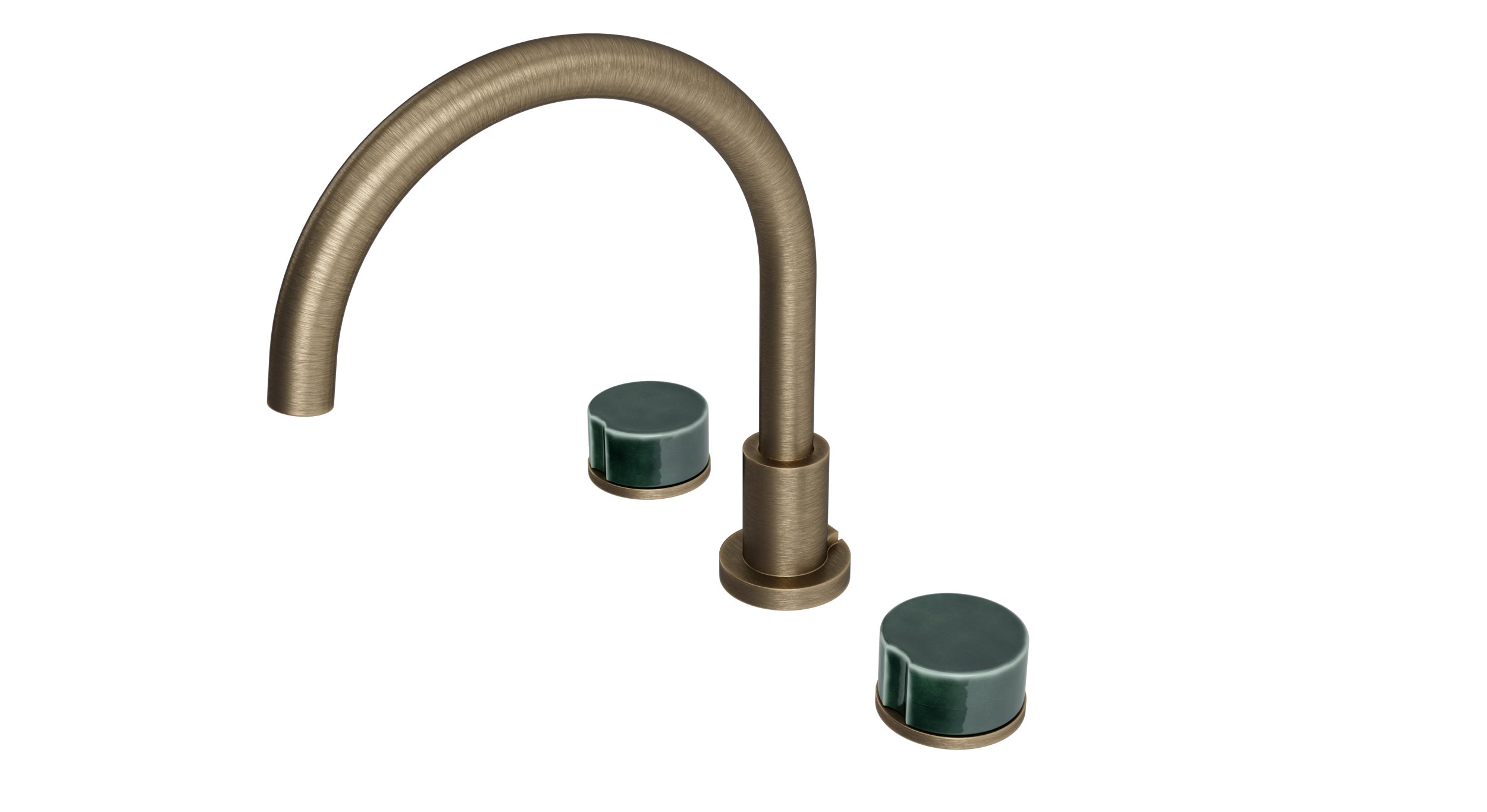 Foundry Two Handle Deck Mount Gooseneck Bath Trim with Groove Ceramic Knob Handles in Antique Brass